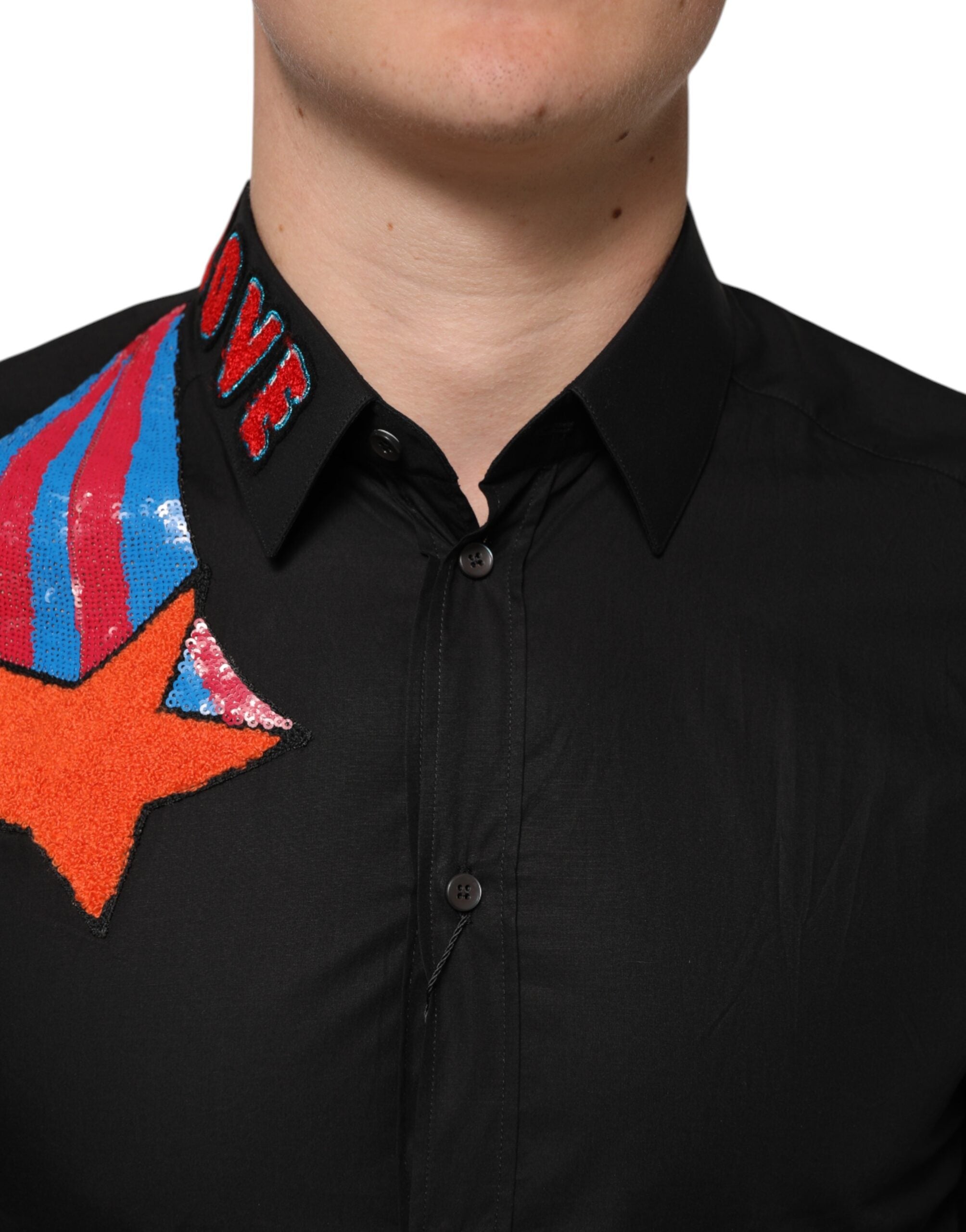 Dolce & Gabbana Schwarzes Baumwollstern-Paillettenkleid Formales Herrenhemd