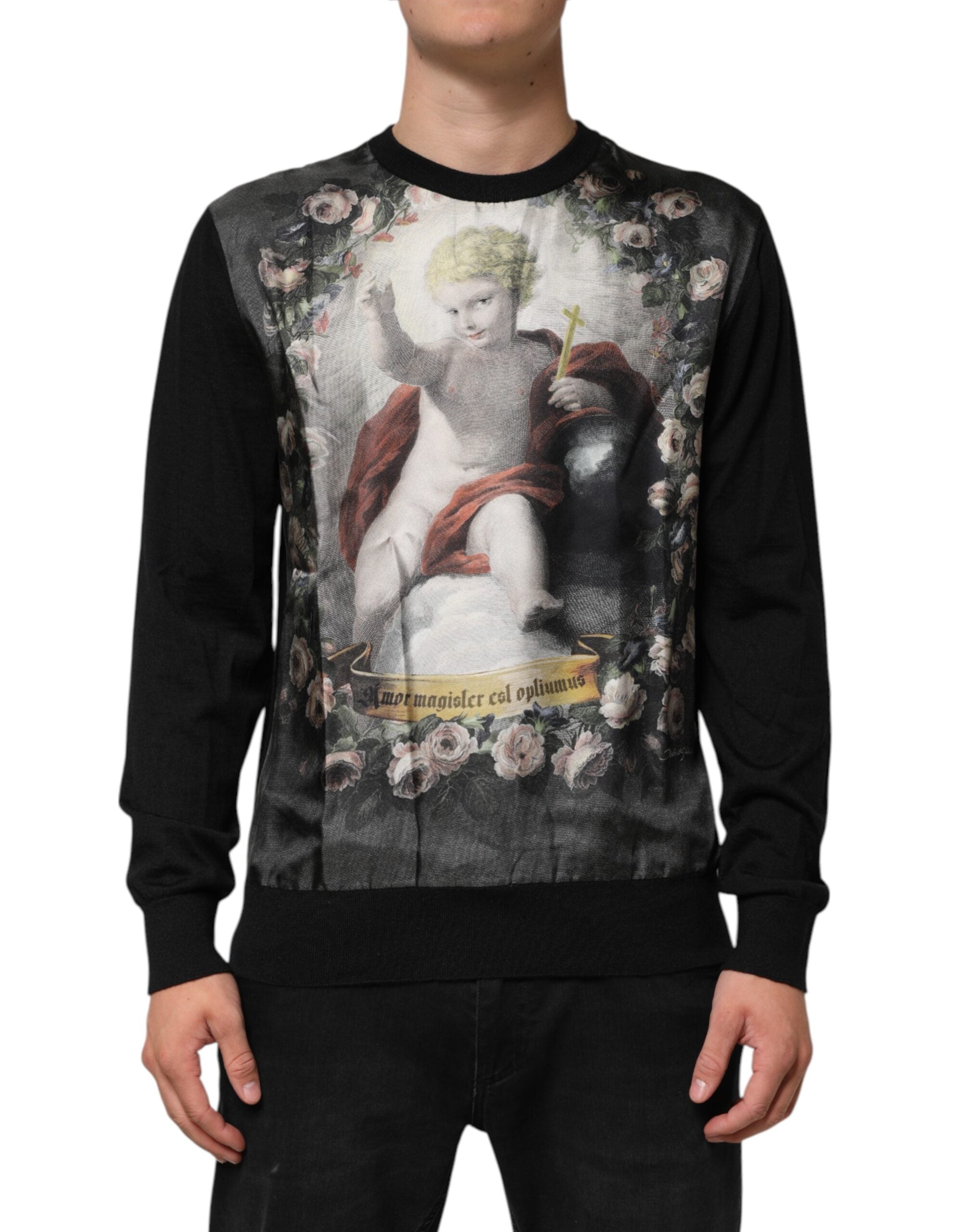 Dolce & Gabbana Schwarzer Kaschmir-Pullover mit Cherub-Print im Barockstil