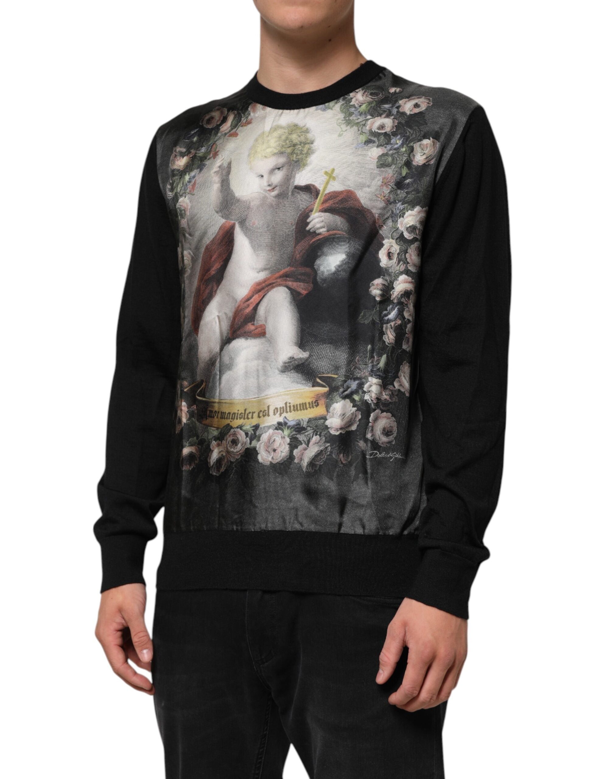 Dolce & Gabbana Schwarzer Kaschmir-Pullover mit Cherub-Print im Barockstil
