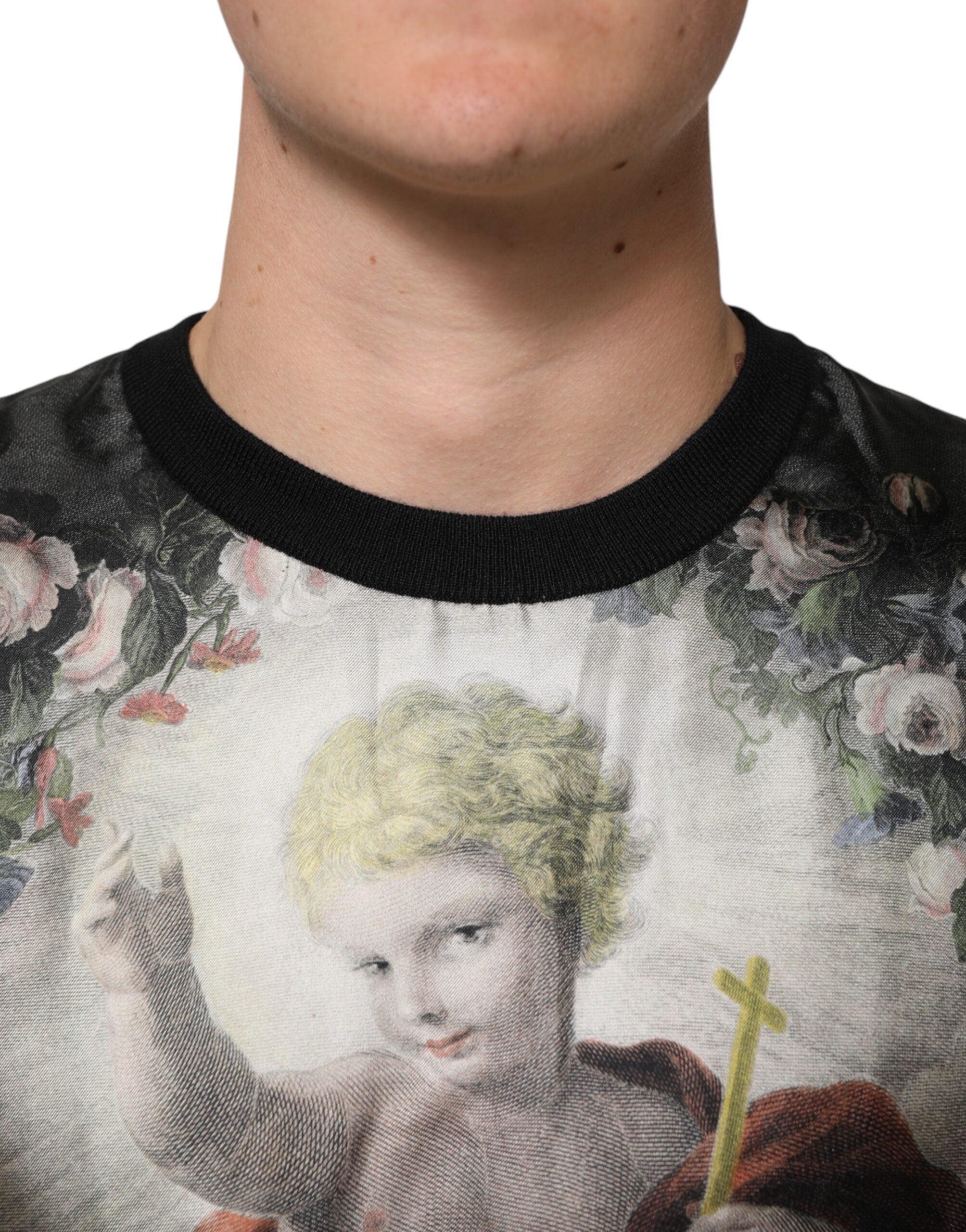 Dolce & Gabbana Schwarzer Kaschmir-Pullover mit Cherub-Print im Barockstil