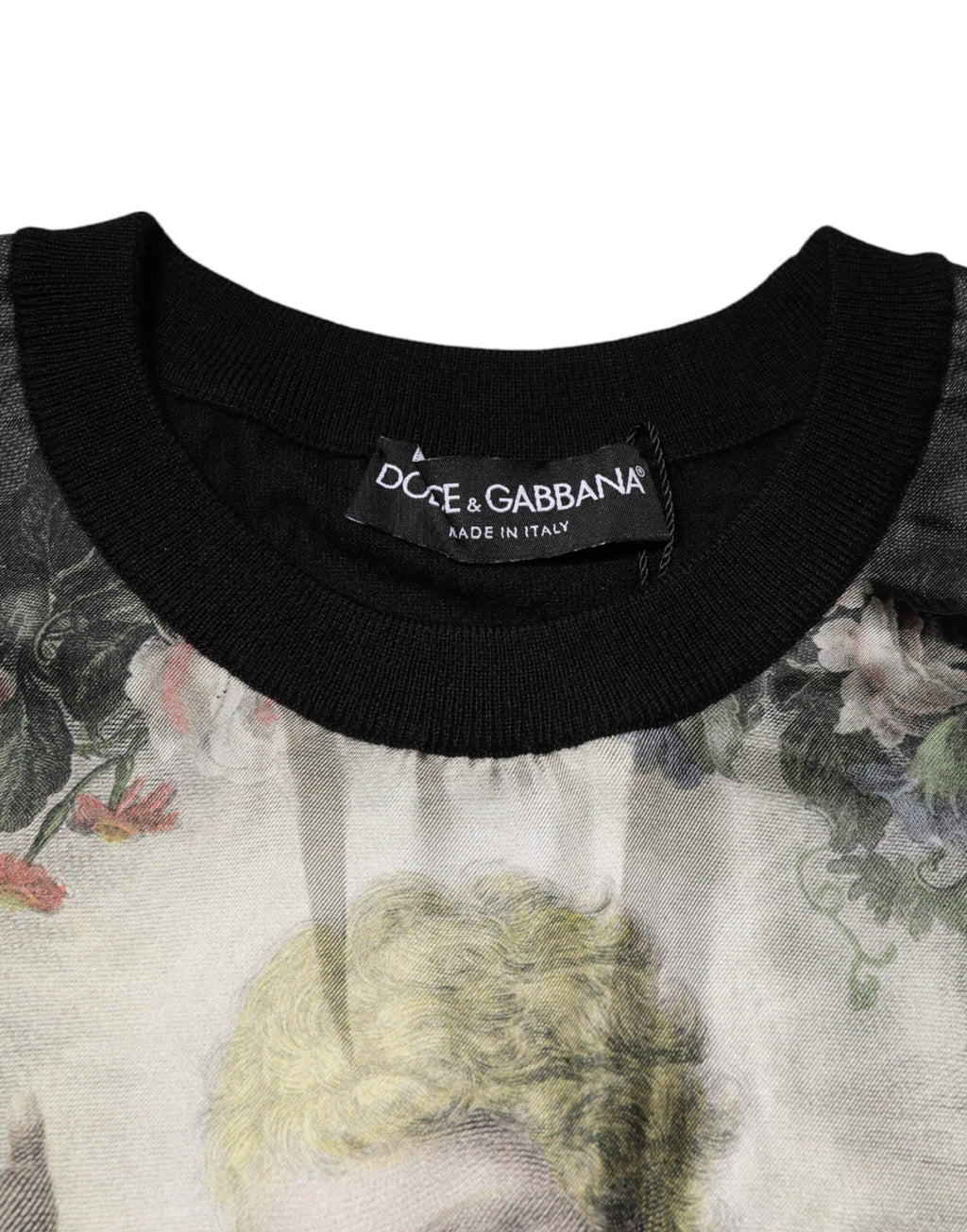 Dolce & Gabbana Schwarzer Kaschmir-Pullover mit Cherub-Print im Barockstil
