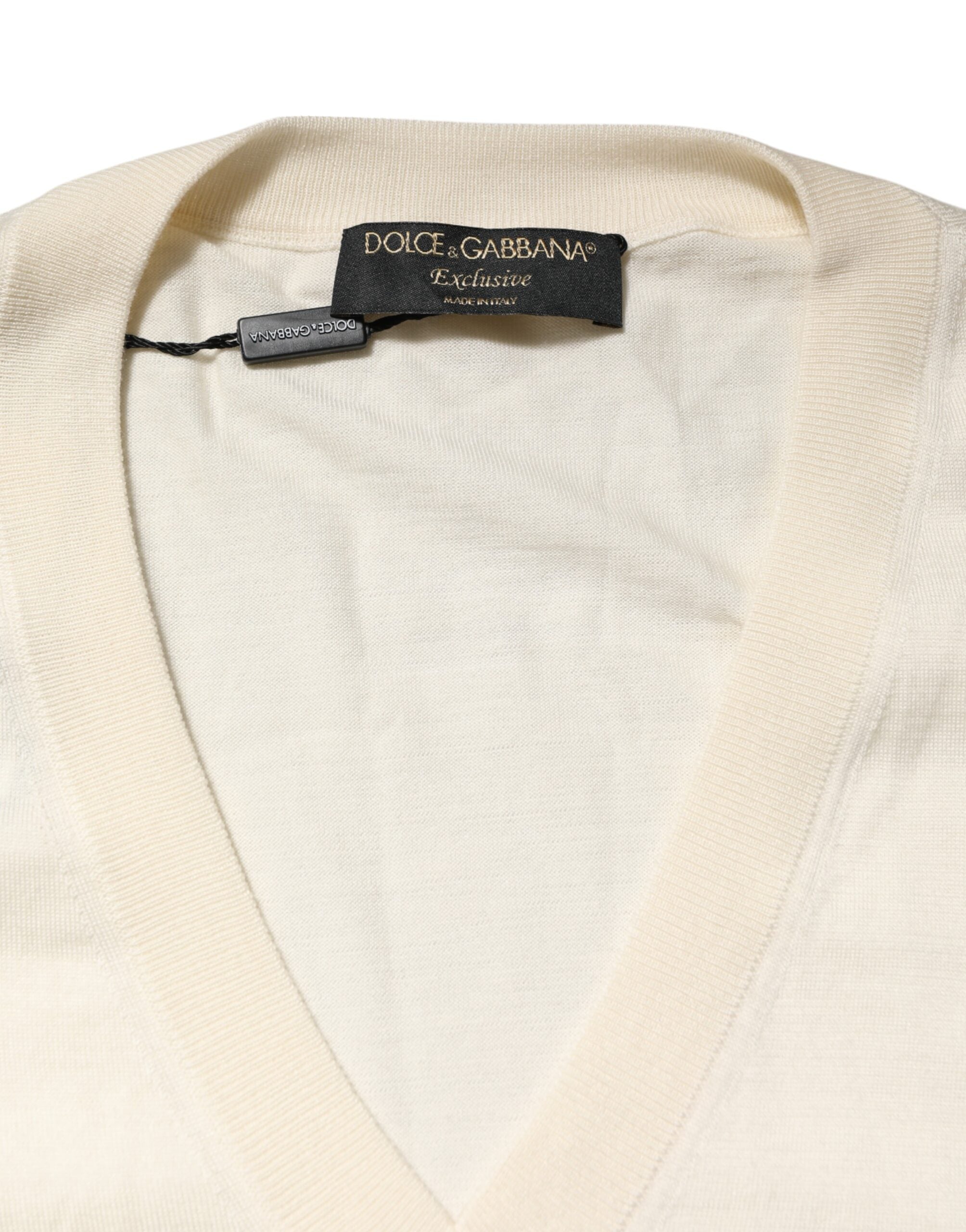 Dolce & Gabbana Elfenbeinfarbener Schurwollpullover mit V-Ausschnitt für Männer