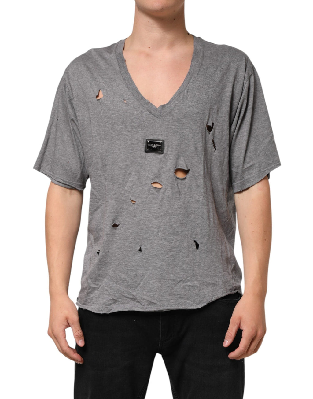 Dolce & Gabbana Graues Baumwoll-T-Shirt mit zerfetztem Logo-Aufnäher für Männer