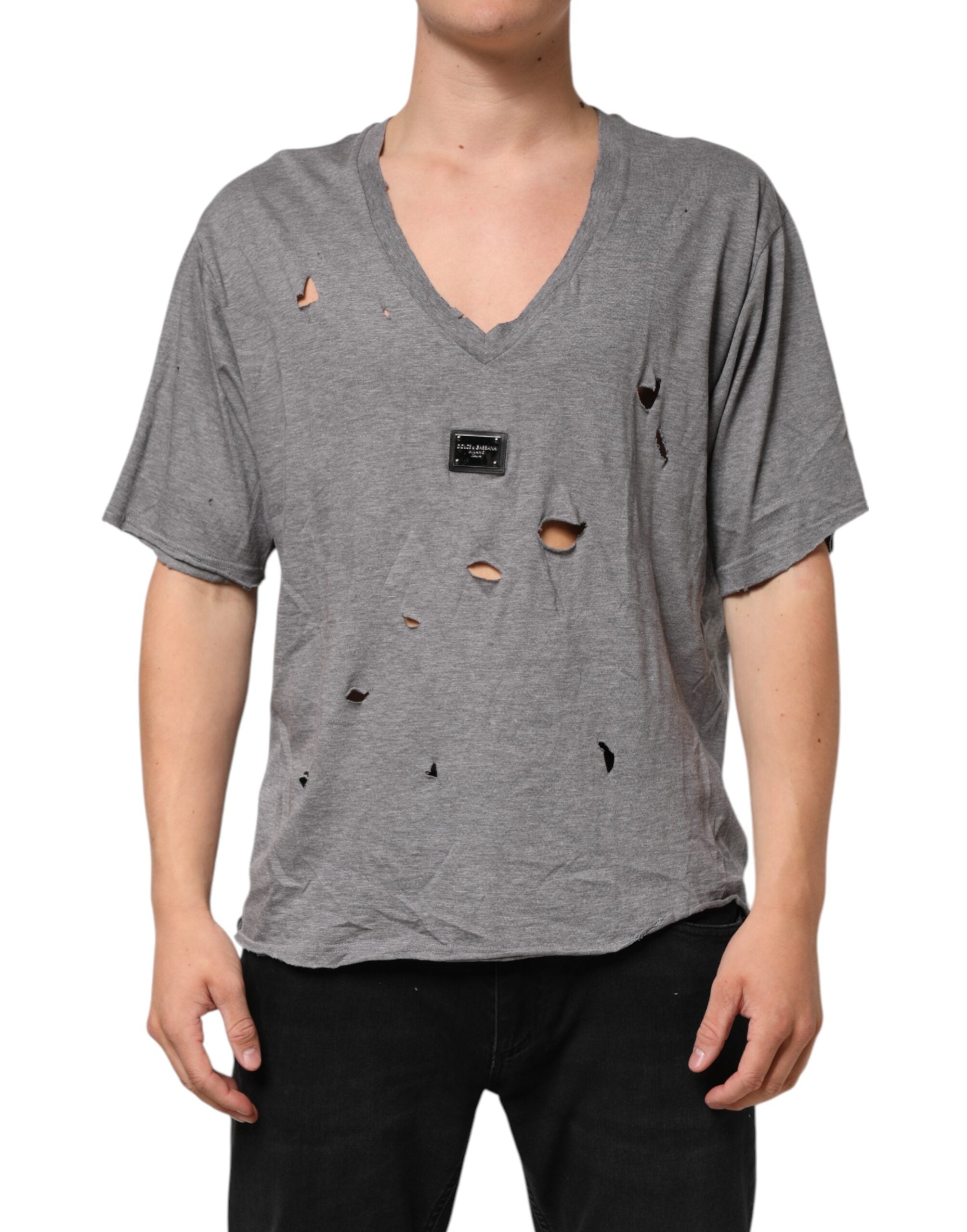 Dolce & Gabbana Graues Baumwoll-T-Shirt mit zerfetztem Logo-Aufnäher für Männer