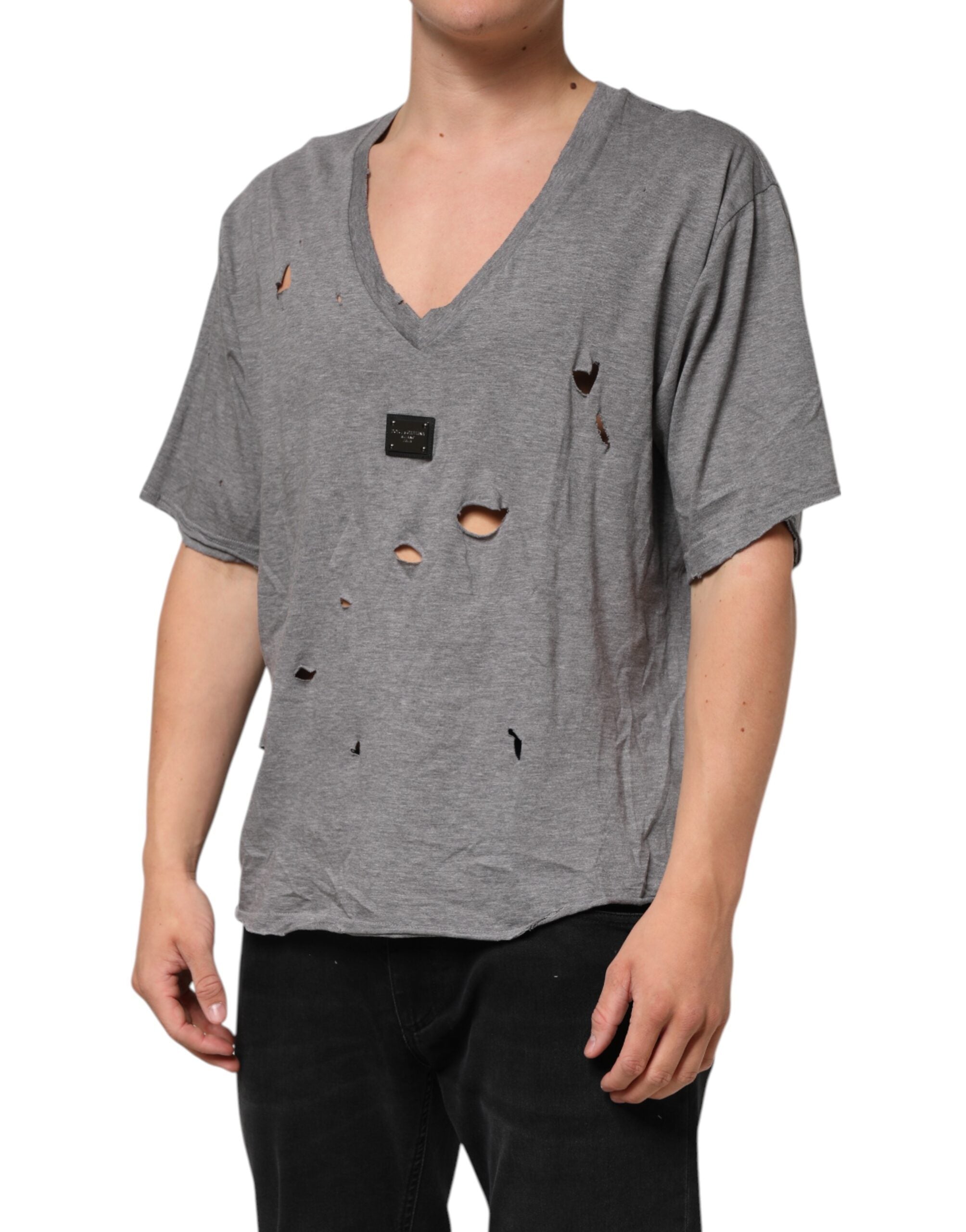 Dolce & Gabbana Graues Baumwoll-T-Shirt mit zerfetztem Logo-Aufnäher für Männer