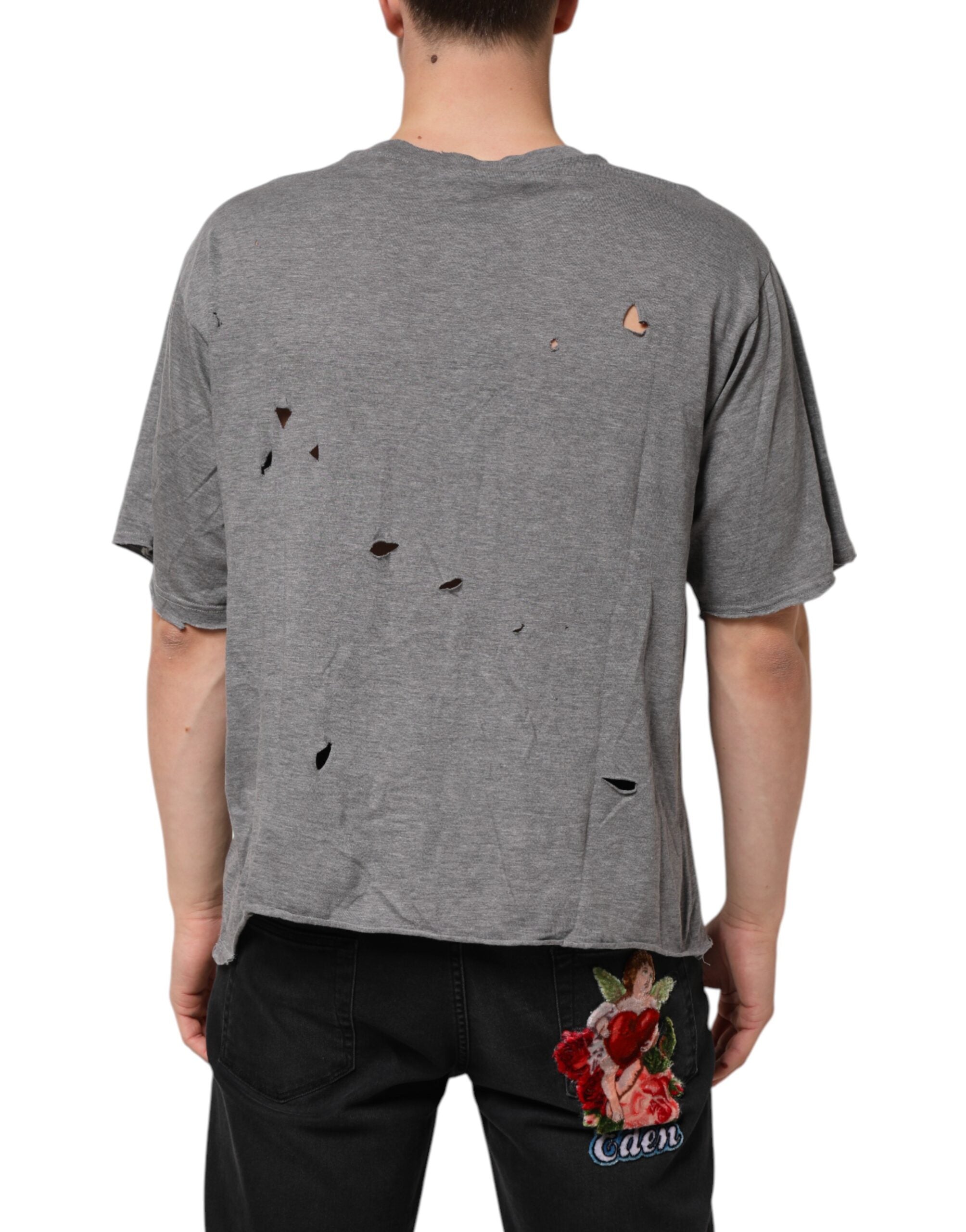 Dolce & Gabbana Graues Baumwoll-T-Shirt mit zerfetztem Logo-Aufnäher für Männer