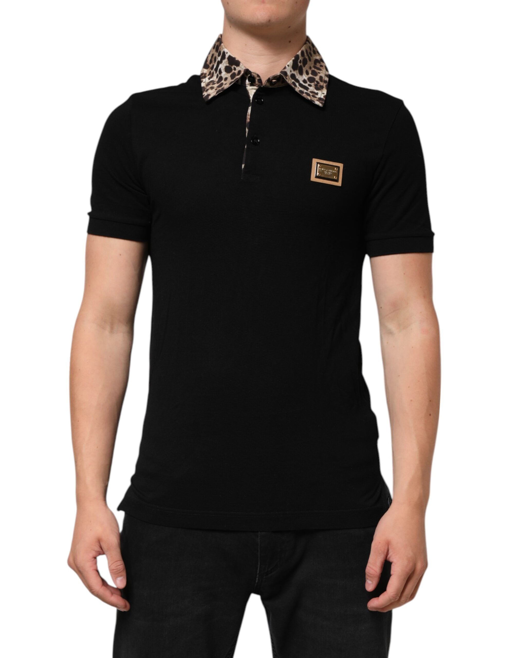 Dolce & Gabbana Schwarzes Baumwoll-Polo-T-Shirt mit Leopardenkragen