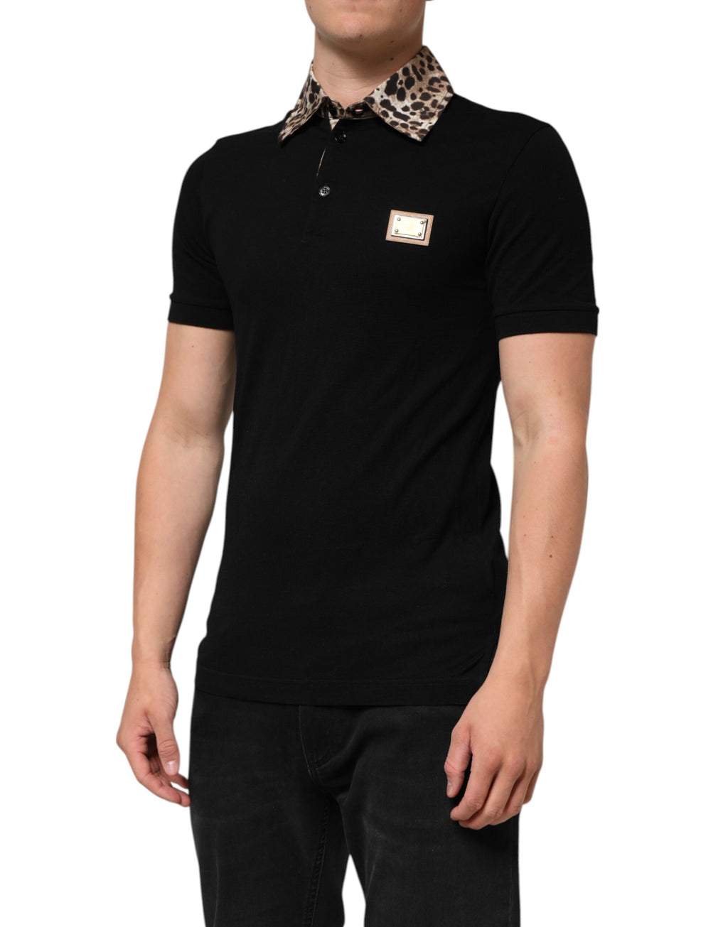 Dolce & Gabbana Schwarzes Baumwoll-Polo-T-Shirt mit Leopardenkragen