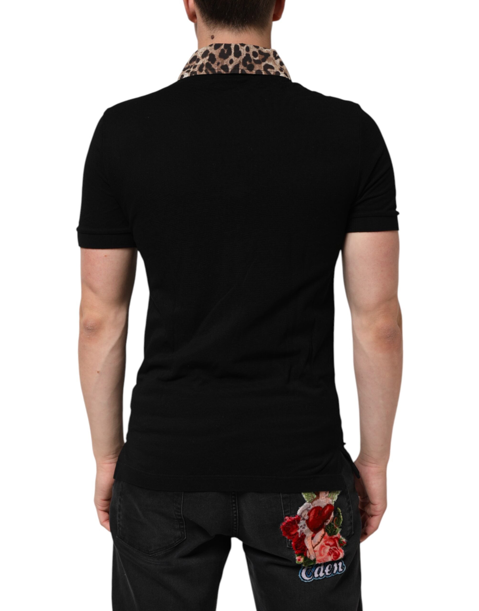 Dolce & Gabbana Schwarzes Baumwoll-Polo-T-Shirt mit Leopardenkragen