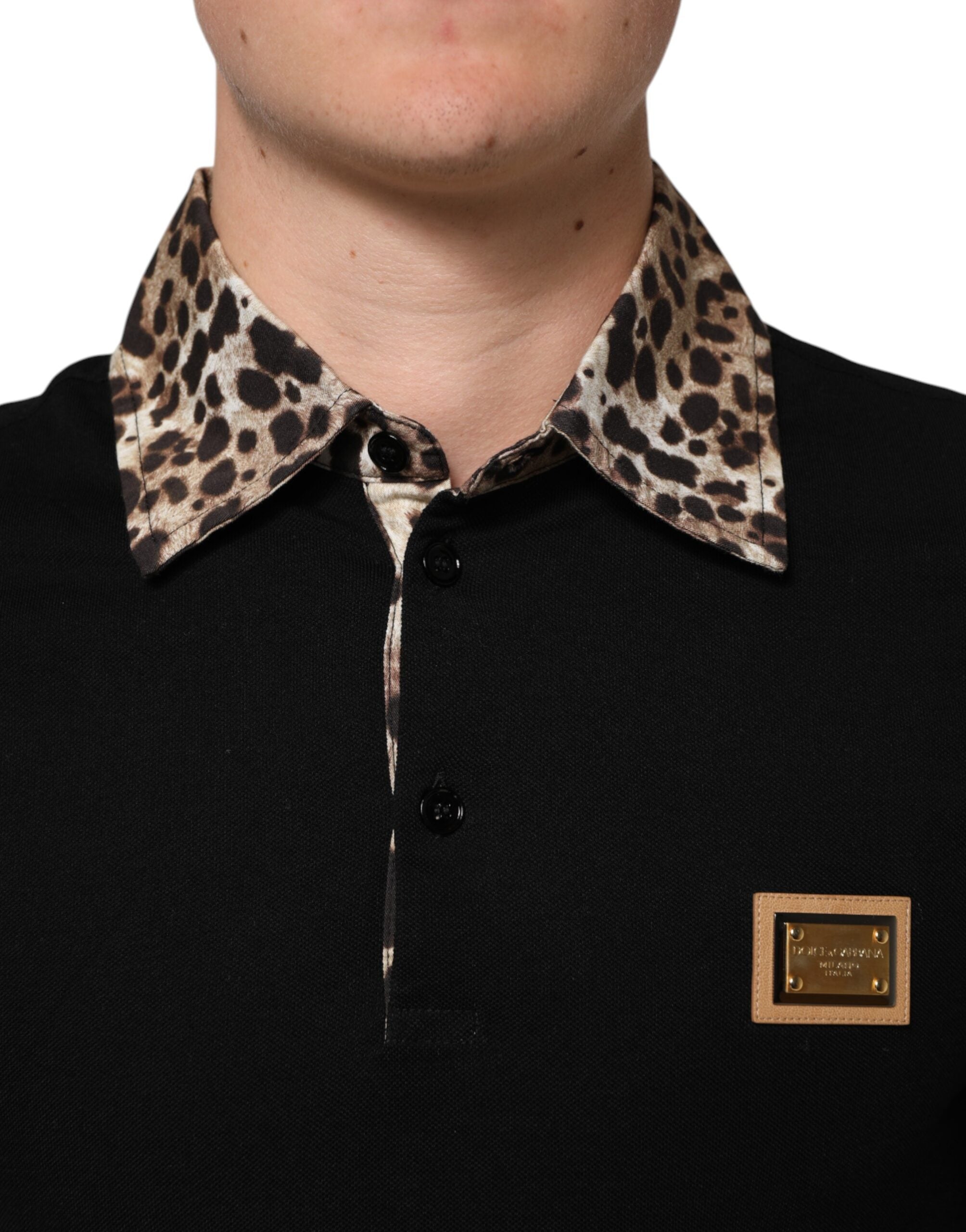 Dolce & Gabbana Schwarzes Baumwoll-Polo-T-Shirt mit Leopardenkragen