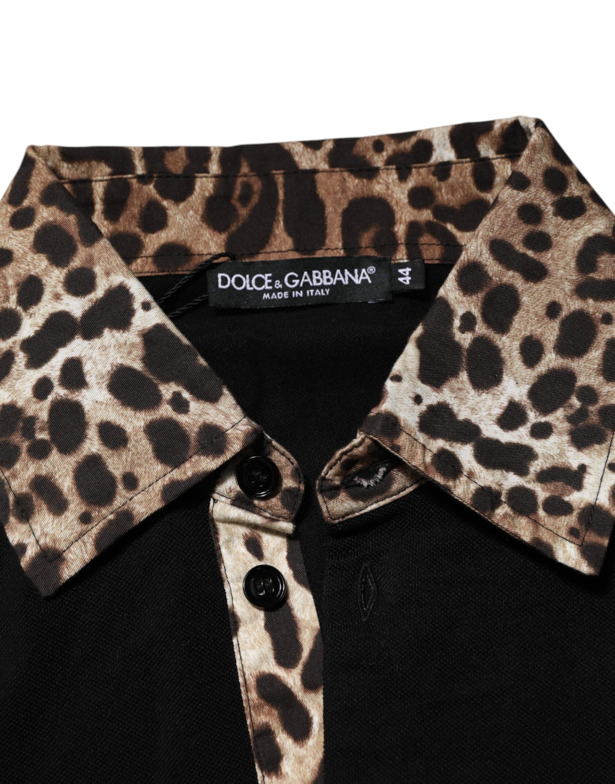 Dolce & Gabbana Schwarzes Baumwoll-Polo-T-Shirt mit Leopardenkragen