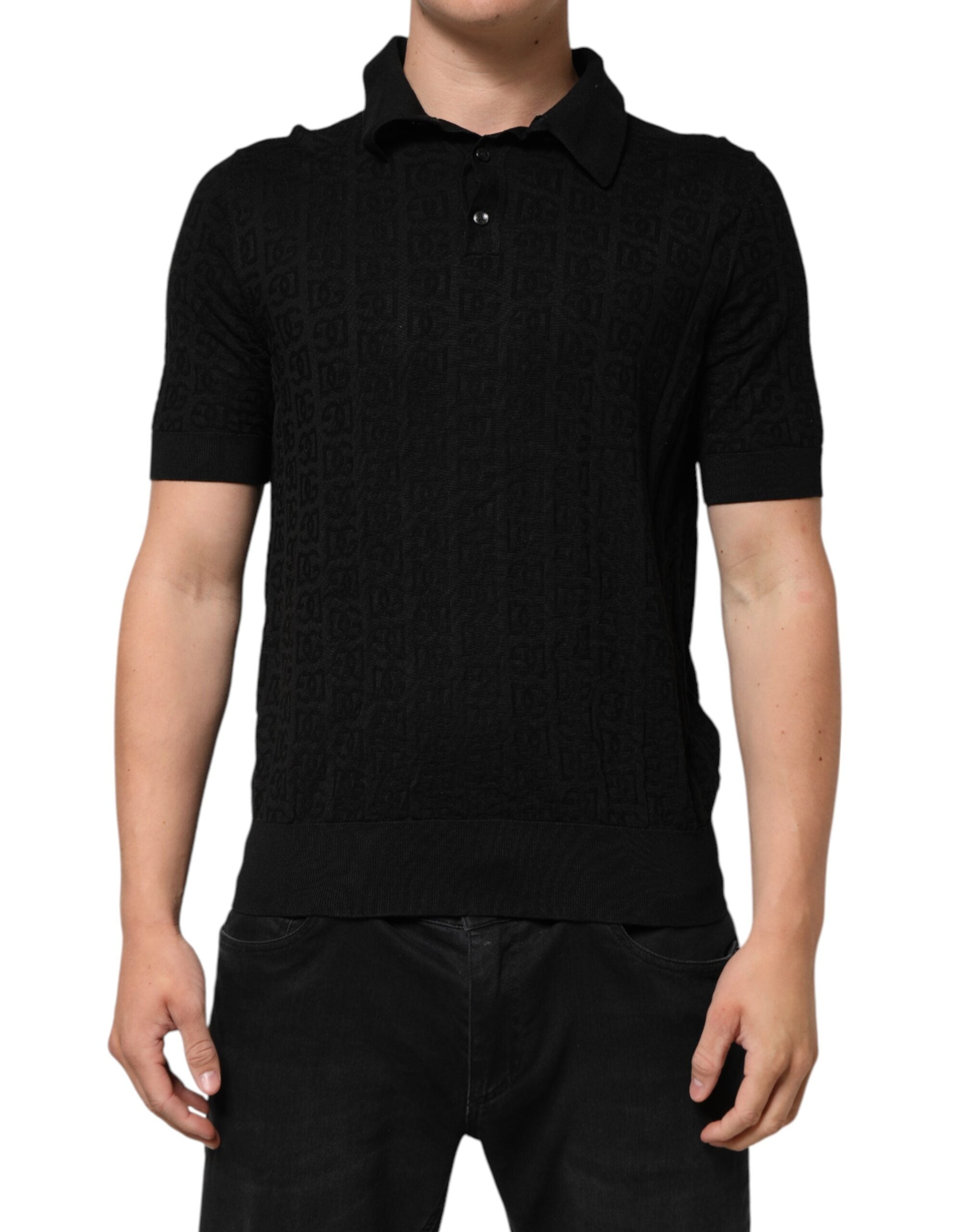 Dolce & Gabbana Schwarzes Seidenjacquard-DG-Poloshirt T-Shirt