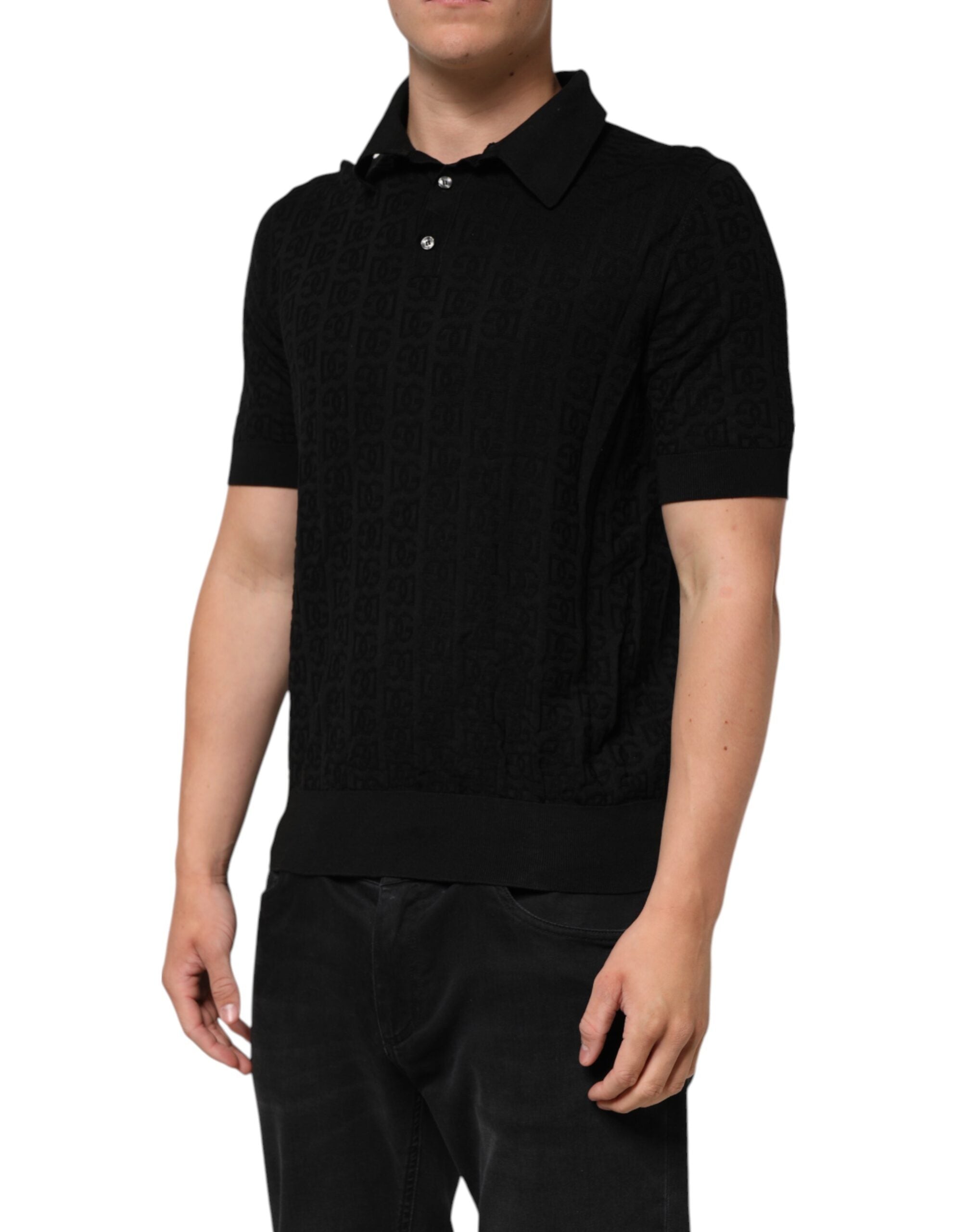 Dolce & Gabbana Schwarzes Seidenjacquard-DG-Poloshirt T-Shirt