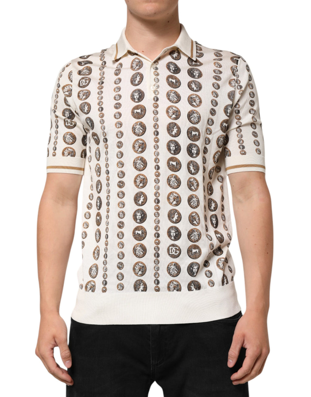 Dolce & Gabbana Zijden Ivoor Muntprint Logo Heren Poloshirt