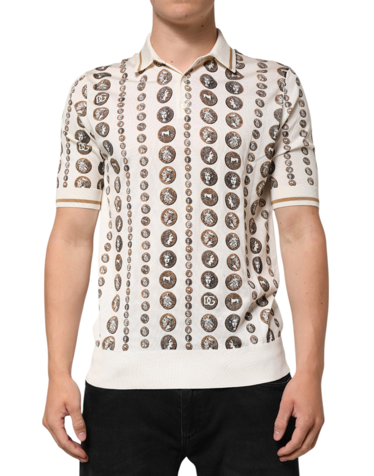 Dolce & Gabbana Zijden Ivoor Muntprint Logo Heren Poloshirt