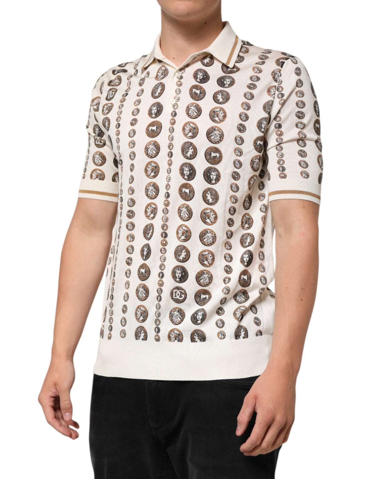 Dolce & Gabbana Zijden Ivoor Muntprint Logo Heren Poloshirt