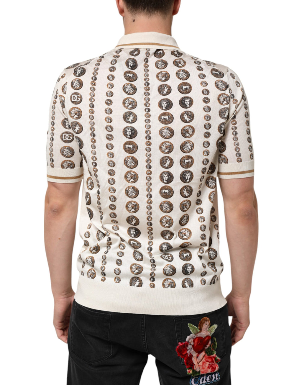 Dolce & Gabbana Zijden Ivoor Muntprint Logo Heren Poloshirt