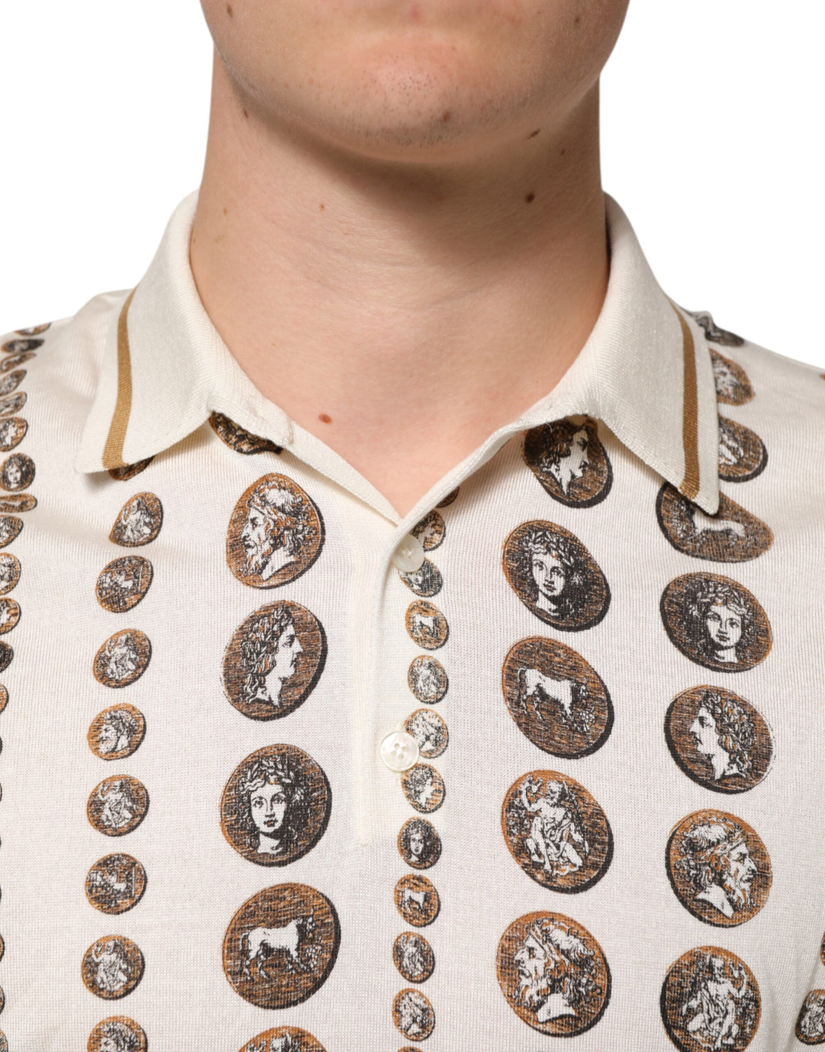 Dolce & Gabbana Zijden Ivoor Muntprint Logo Heren Poloshirt
