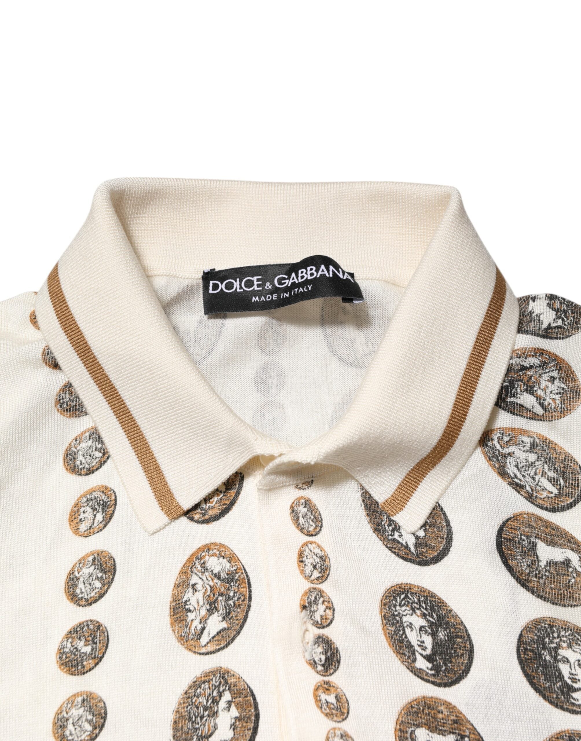 Dolce & Gabbana Elfenbeinfarbenes Seiden-Polo-T-Shirt mit Münzdruck für Männer