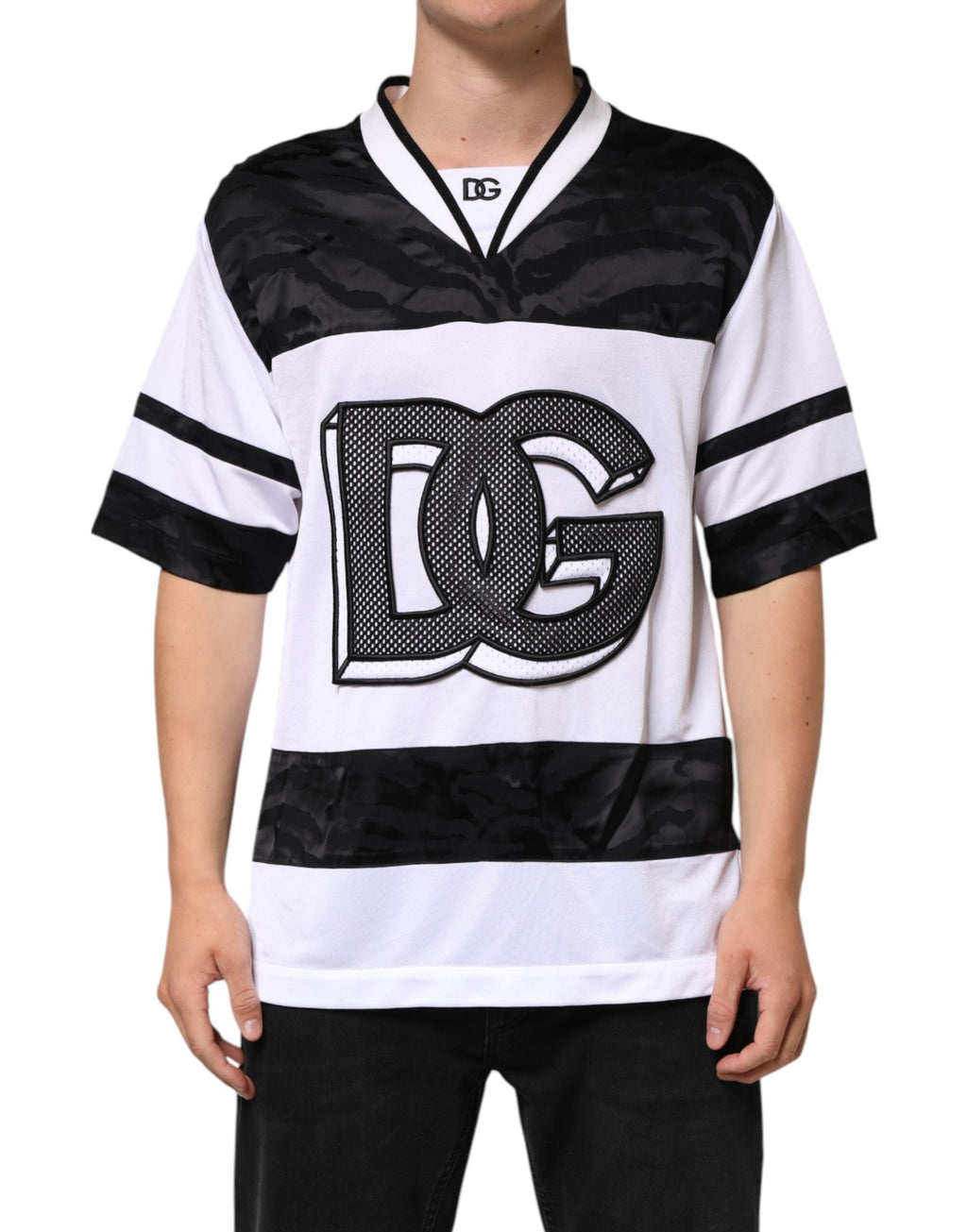 Dolce & Gabbana Weiß Schwarz Polyester DG Logo Mesh Jersey T-Shirt