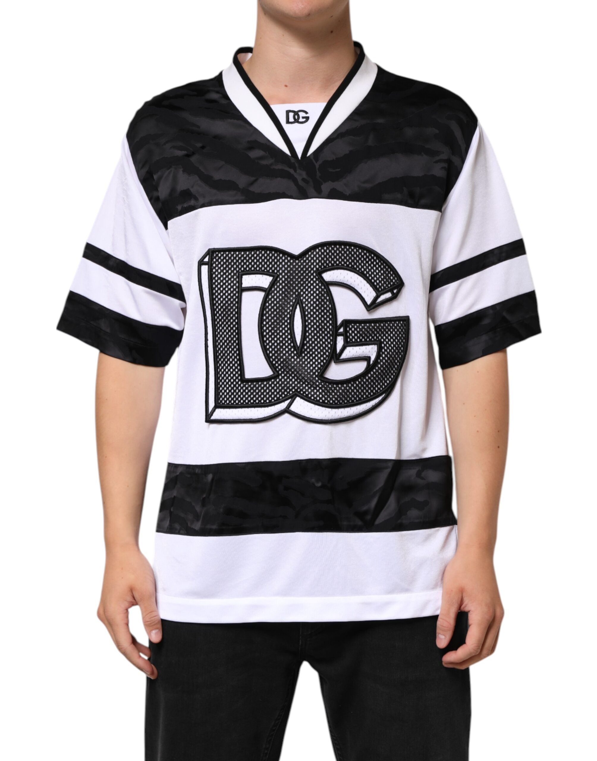 Dolce & Gabbana Weiß Schwarz Polyester DG Logo Mesh Jersey T-Shirt