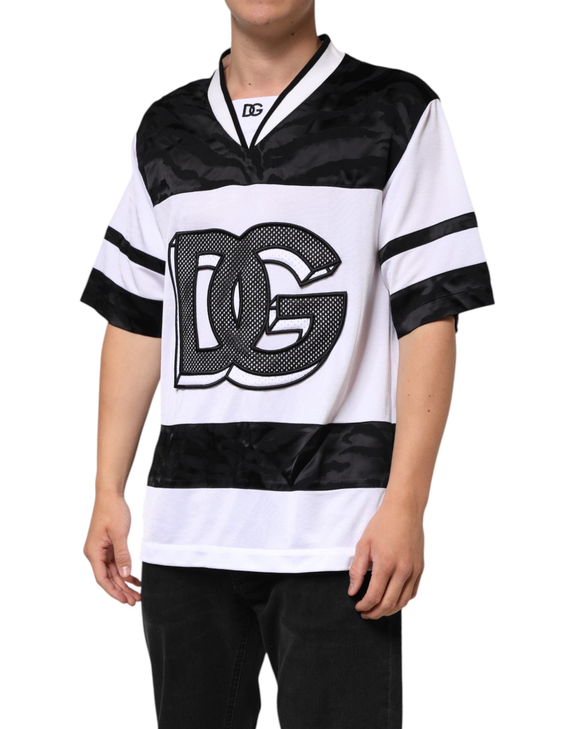 Dolce & Gabbana Weiß Schwarz Polyester DG Logo Mesh Jersey T-Shirt