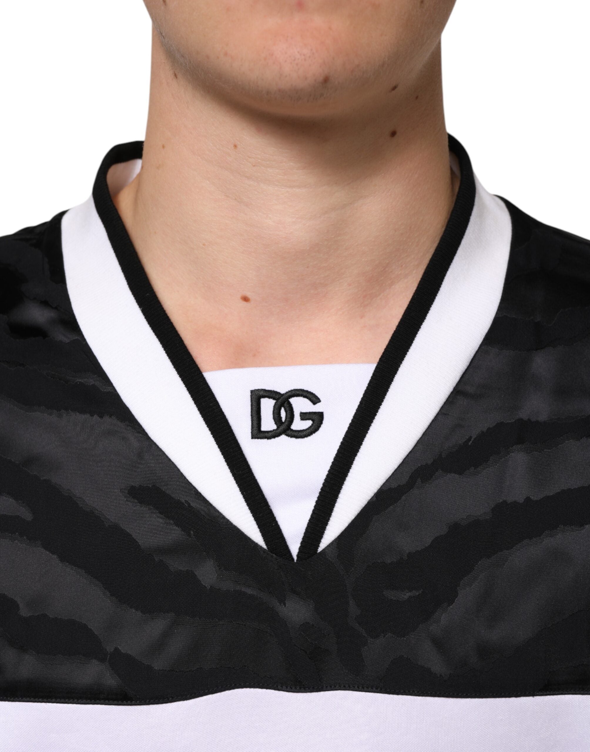 Dolce & Gabbana Weiß Schwarz Polyester DG Logo Mesh Jersey T-Shirt