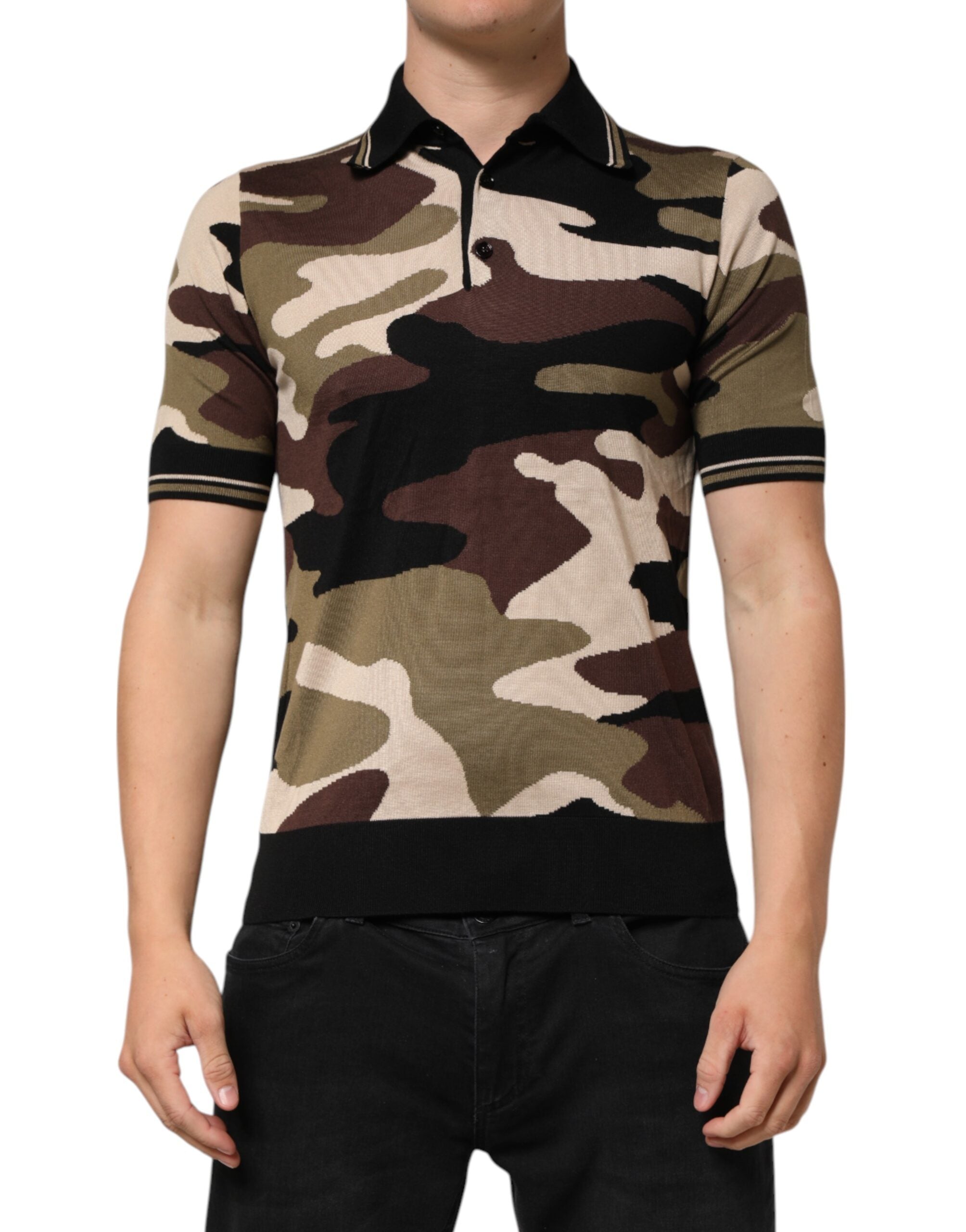 Dolce & Gabbana Camouflage Braunes Seiden-Militär-Polo-T-Shirt