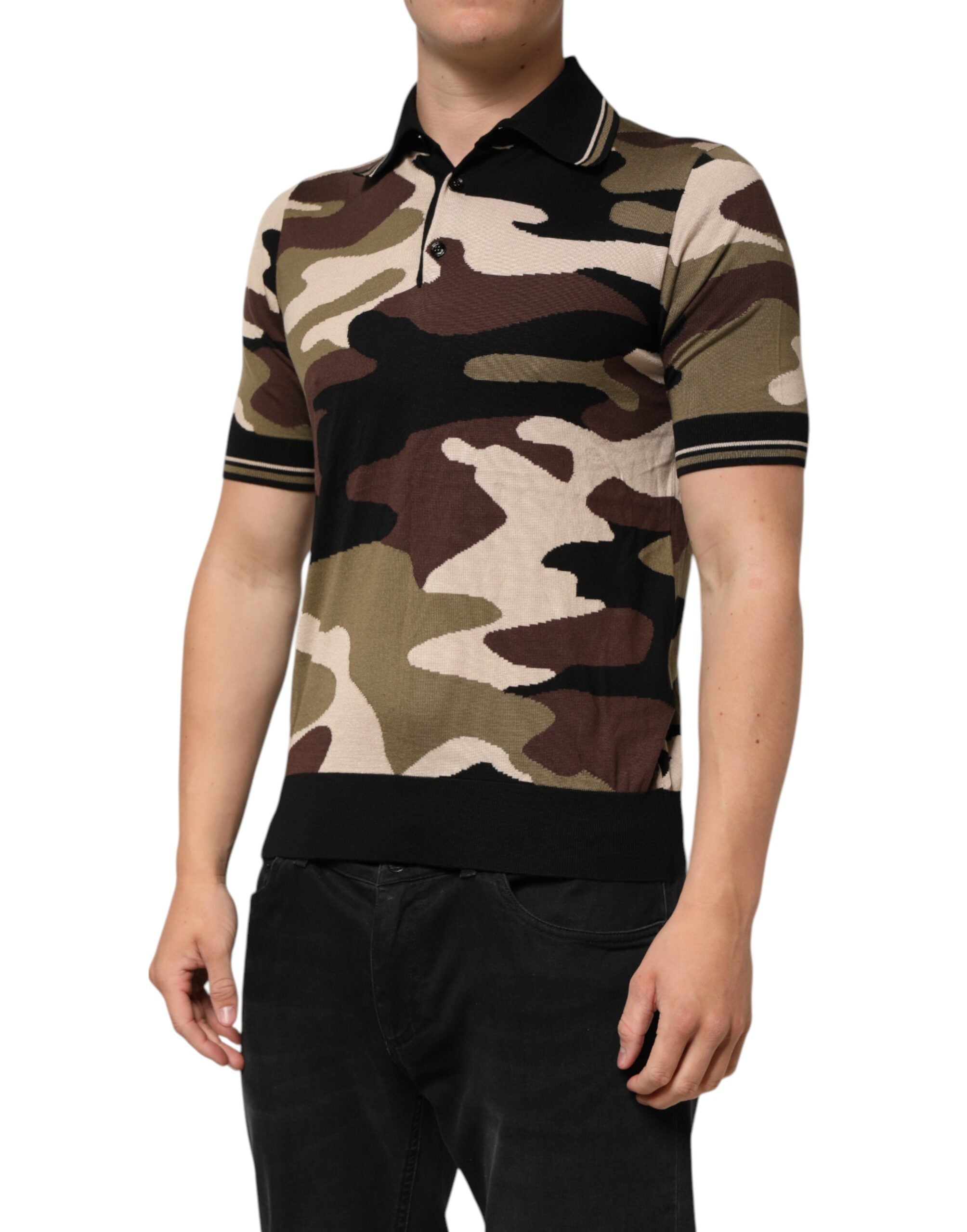 Dolce & Gabbana Camouflage Braunes Seiden-Militär-Polo-T-Shirt