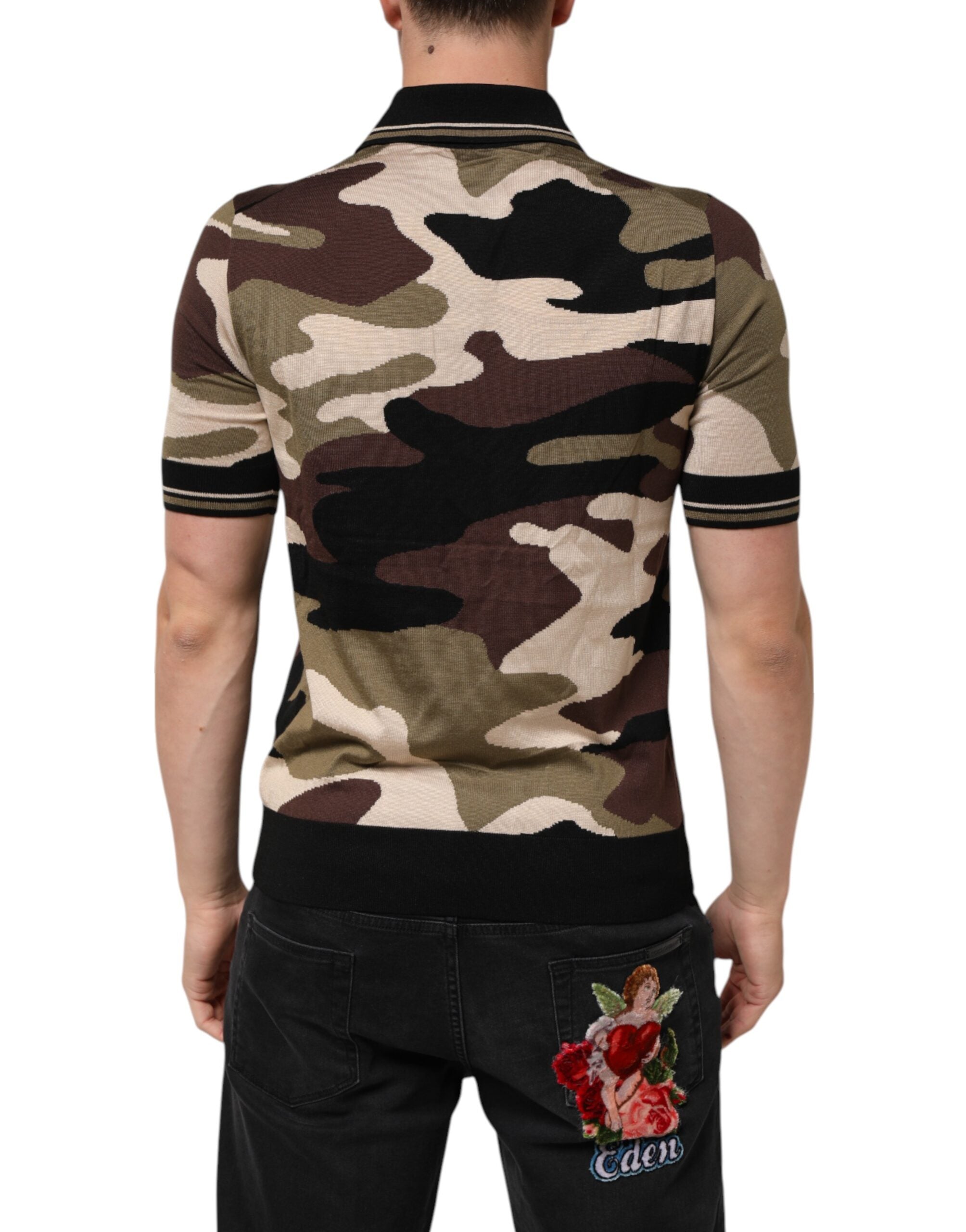 Dolce & Gabbana Camouflage Braunes Seiden-Militär-Polo-T-Shirt