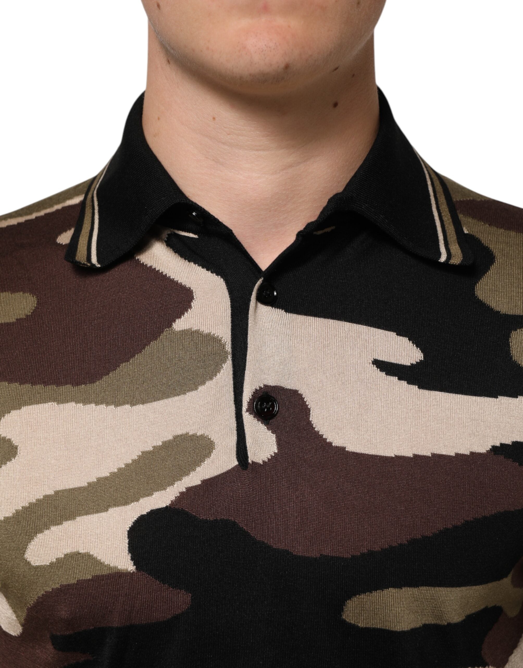 Dolce & Gabbana Camouflage Braunes Seiden-Militär-Polo-T-Shirt