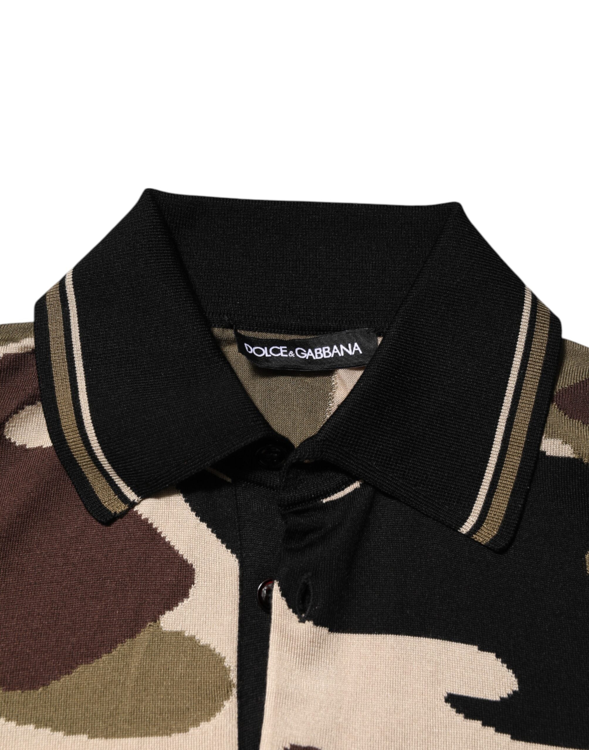 Dolce & Gabbana Camouflage Braunes Seiden-Militär-Polo-T-Shirt