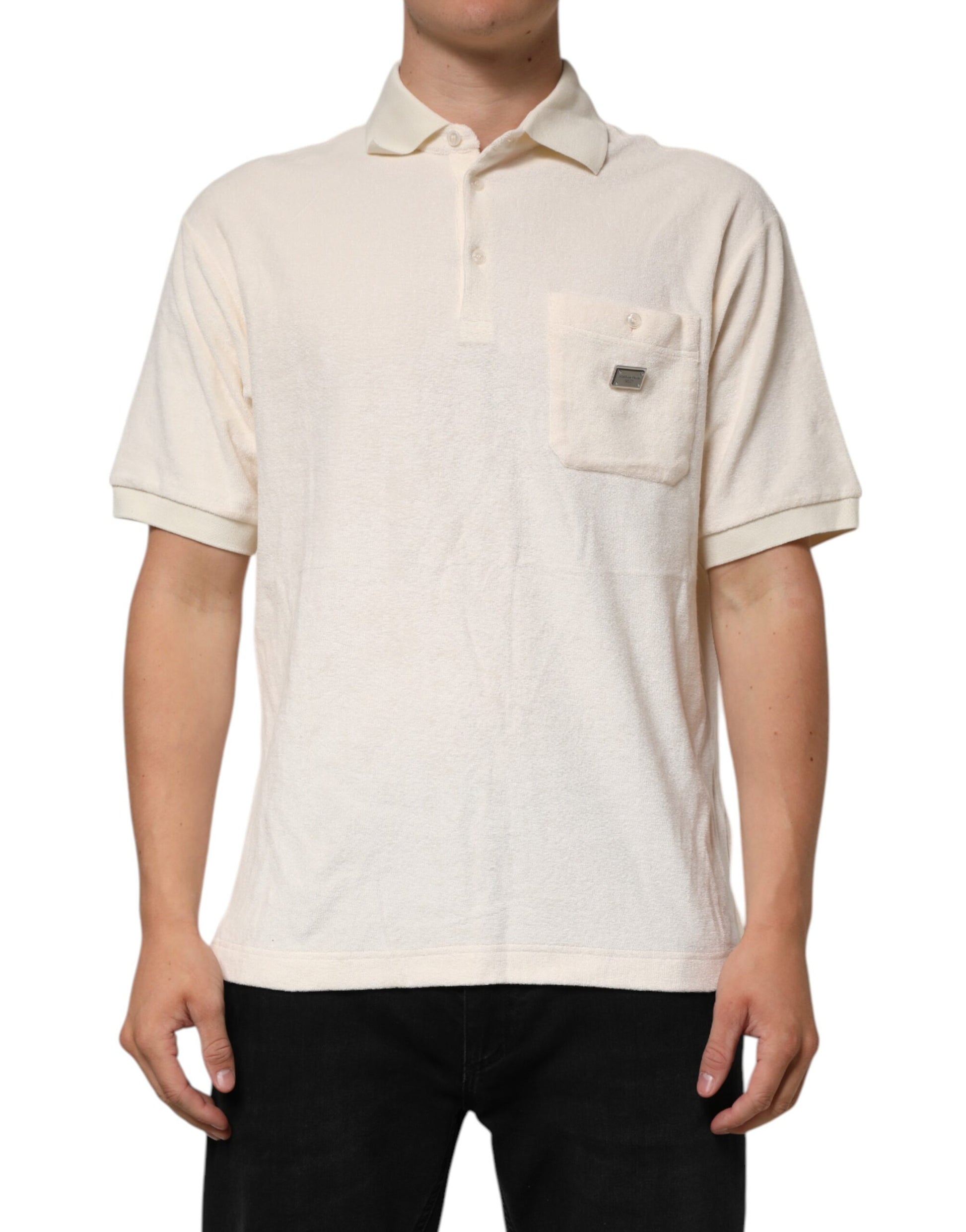 Dolce & Gabbana Elfenbeinfarbenes Logo-Polo-T-Shirt aus Baumwollfrottee