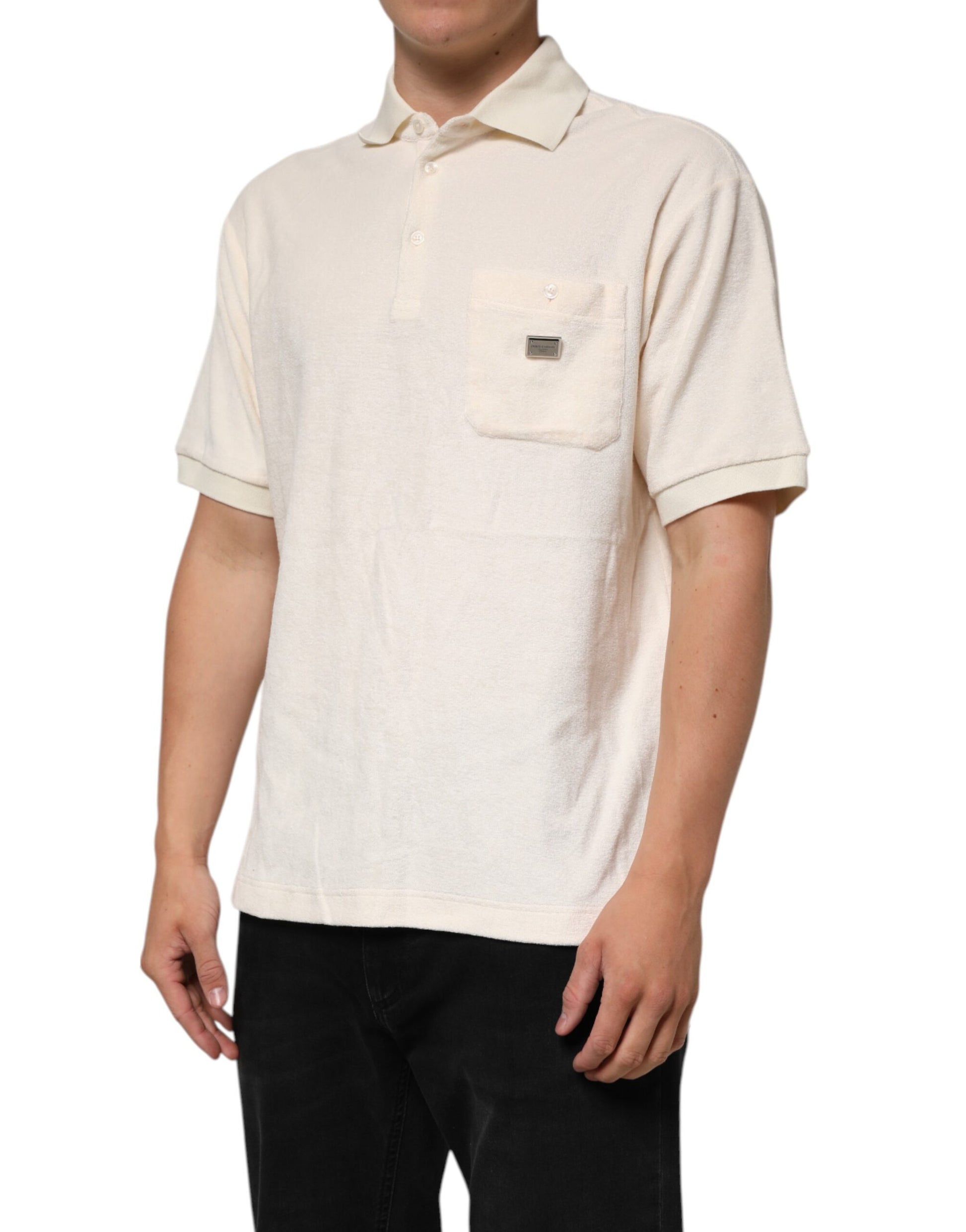 Dolce & Gabbana Elfenbeinfarbenes Logo-Polo-T-Shirt aus Baumwollfrottee