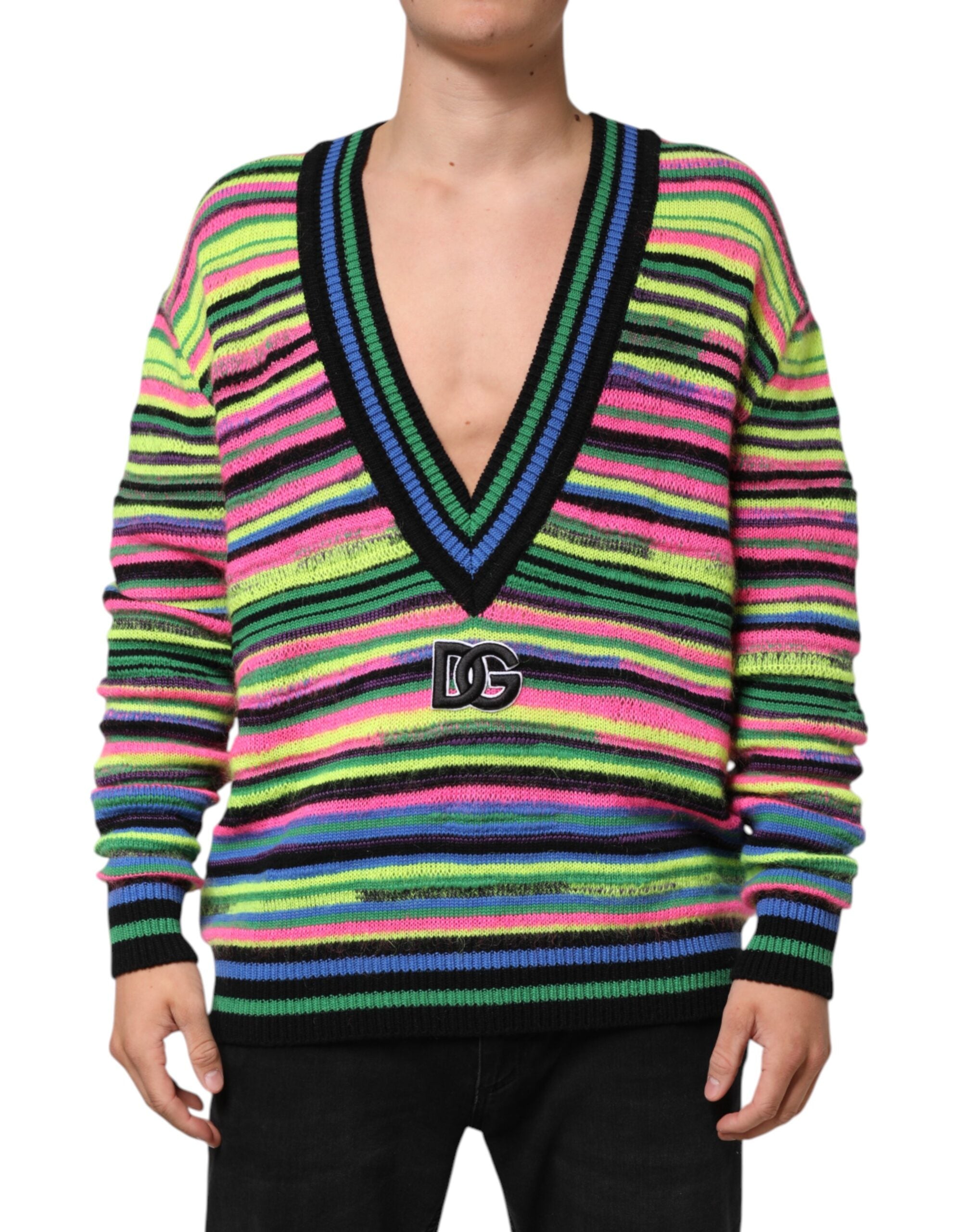 Dolce & Gabbana Multicolor DG Logo V-Ausschnitt Strickpullover