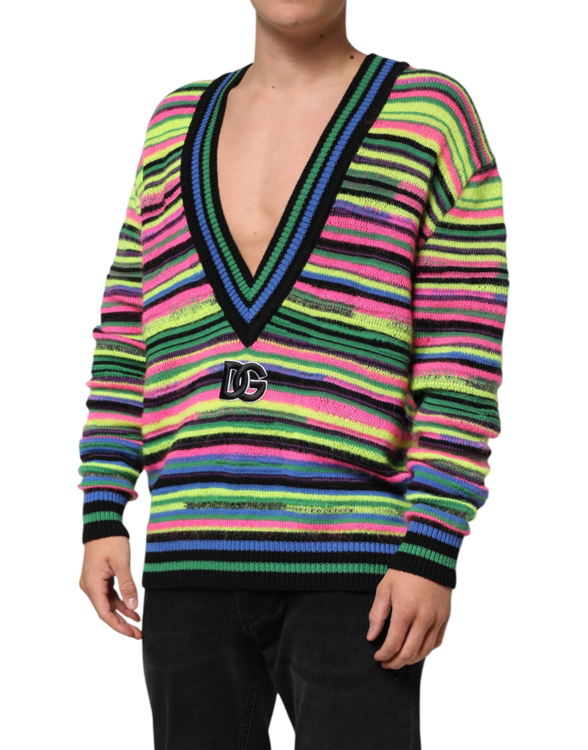 Dolce & Gabbana Multicolor DG Logo V-Ausschnitt Strickpullover