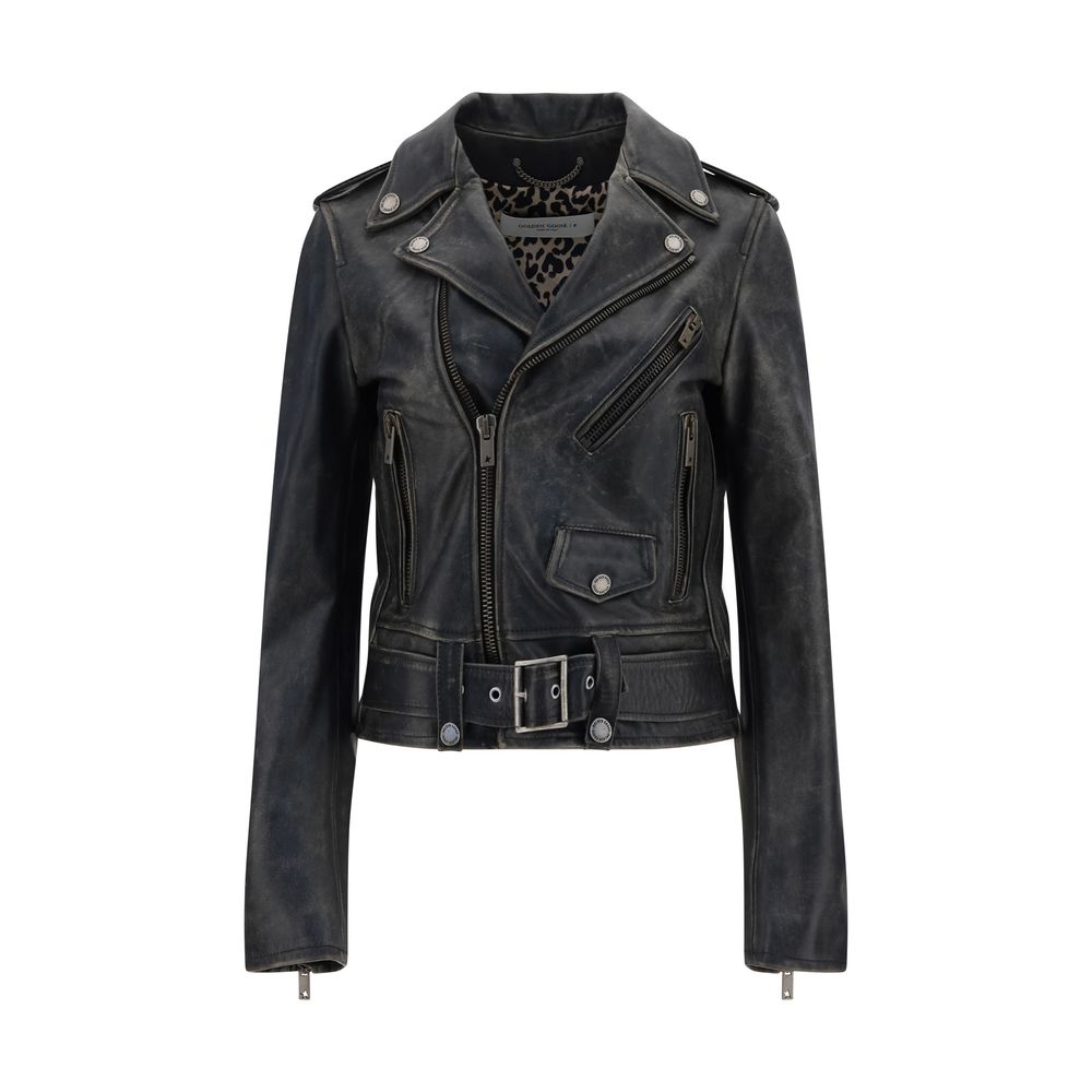 Golden Goose Schwarze Biker-Jacke aus Kalbsleder Bos Taurus