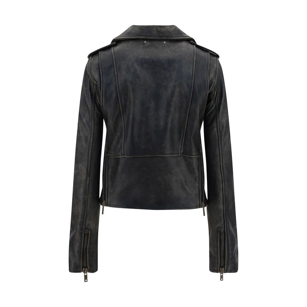 Golden Goose Schwarze Biker-Jacke aus Kalbsleder Bos Taurus