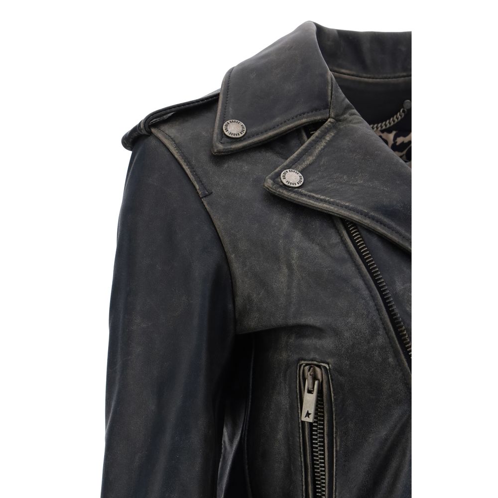 Golden Goose Schwarze Biker-Jacke aus Kalbsleder Bos Taurus