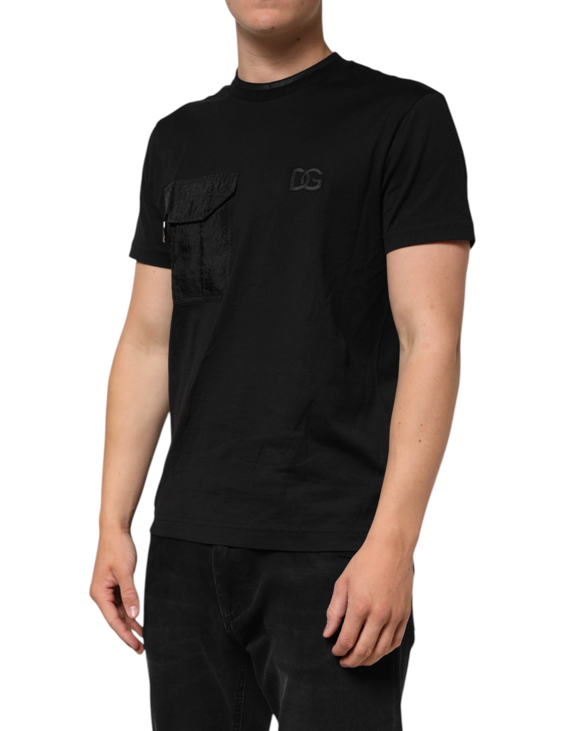 Dolce & Gabbana Schwarzes Baumwoll-T-Shirt mit gesticktem DG-Logo in der Tasche