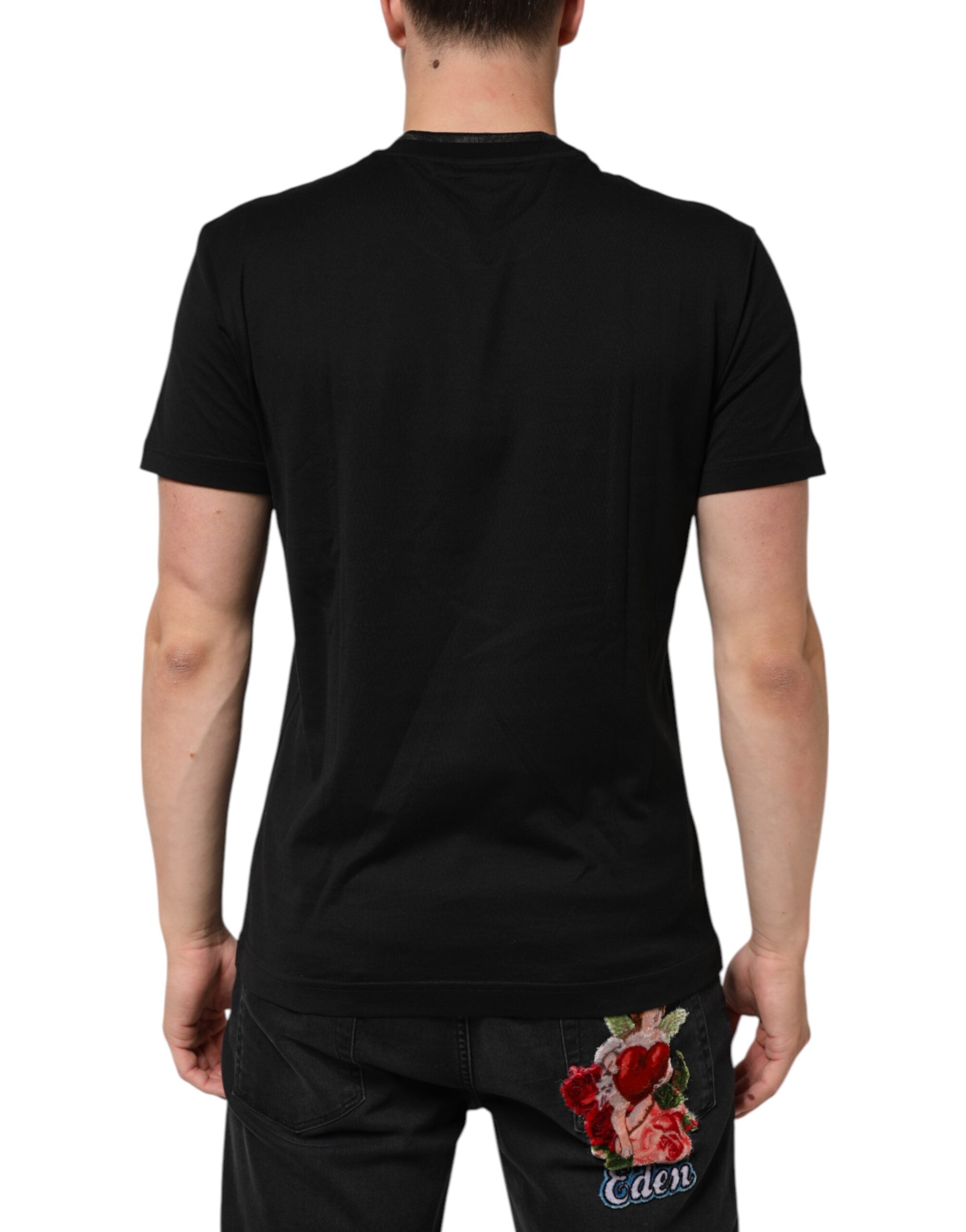 Dolce & Gabbana Schwarzes Baumwoll-T-Shirt mit gesticktem DG-Logo in der Tasche