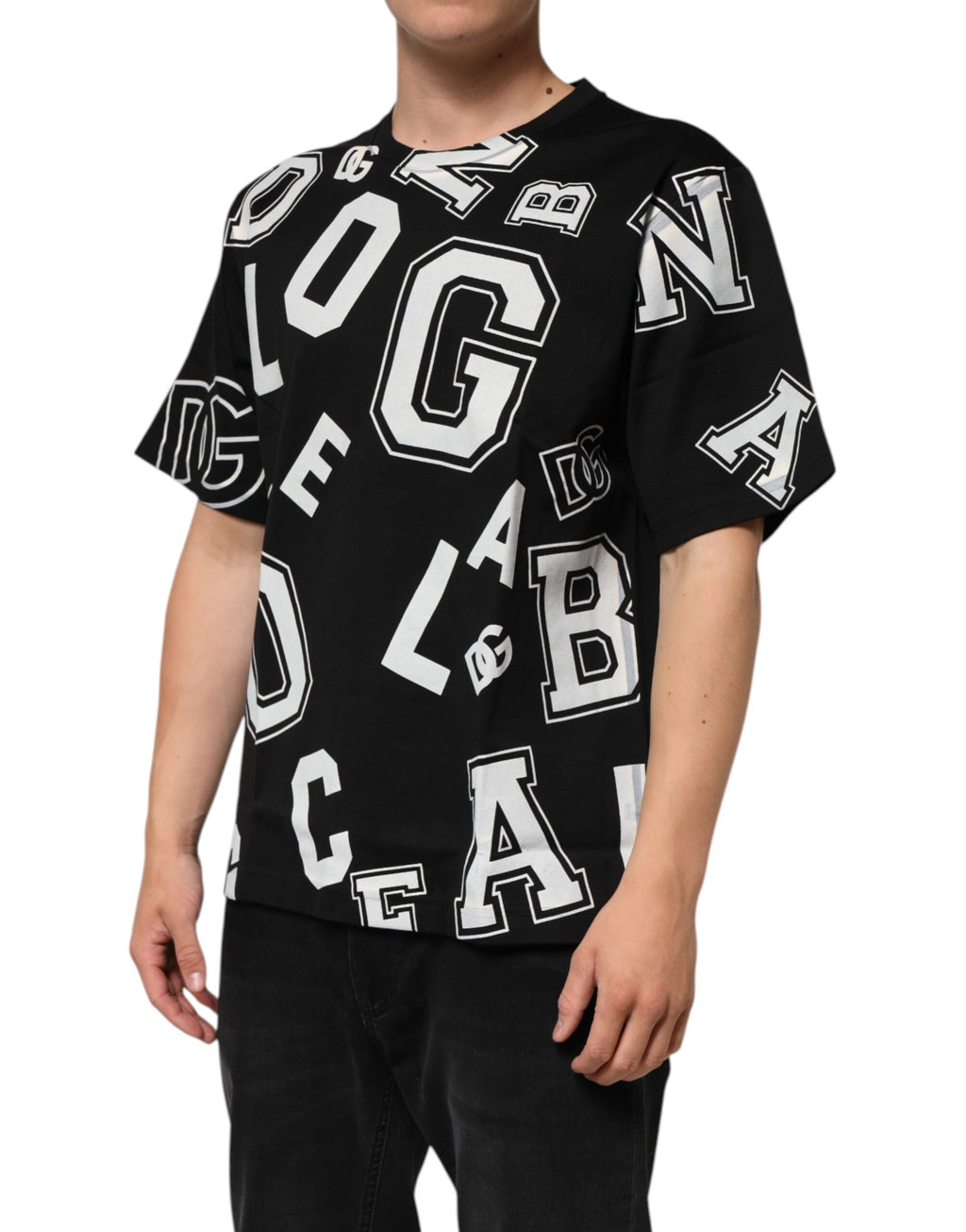 Dolce & Gabbana Schwarzes Baumwoll-T-Shirt mit Buchstabenaufdruck und kurzen Ärmeln