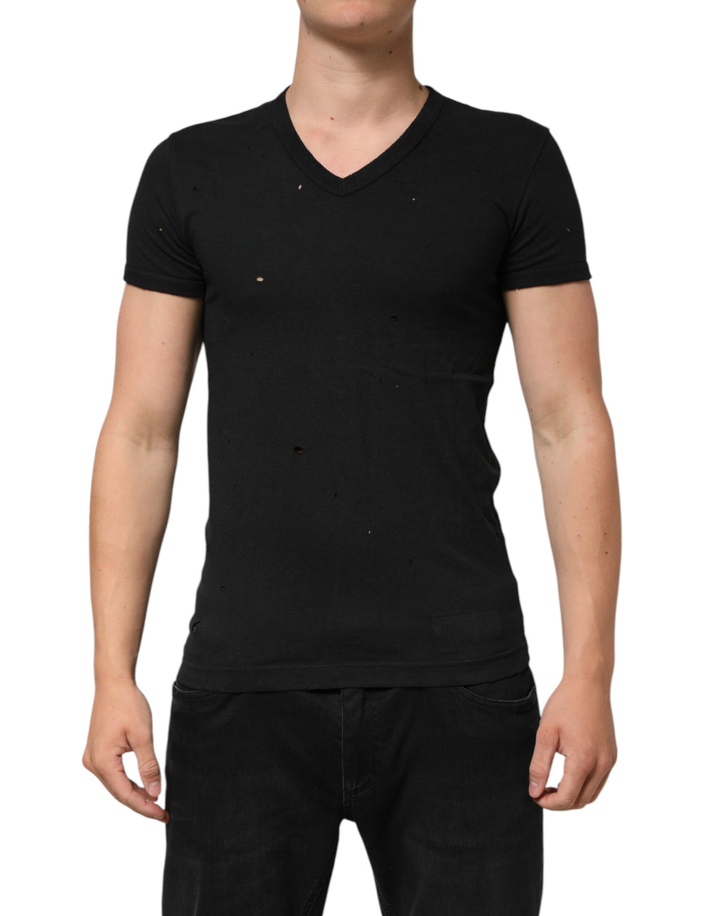 Dolce & Gabbana Schwarzes T-Shirt mit zerfetztem Logo aus Baumwolle mit V-Ausschnitt für Männer