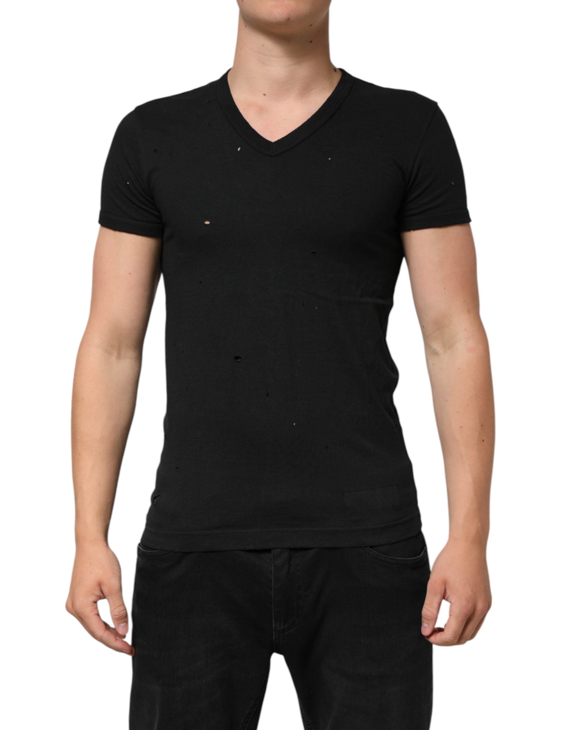 Dolce & Gabbana Schwarzes T-Shirt mit zerfetztem Logo aus Baumwolle mit V-Ausschnitt für Männer
