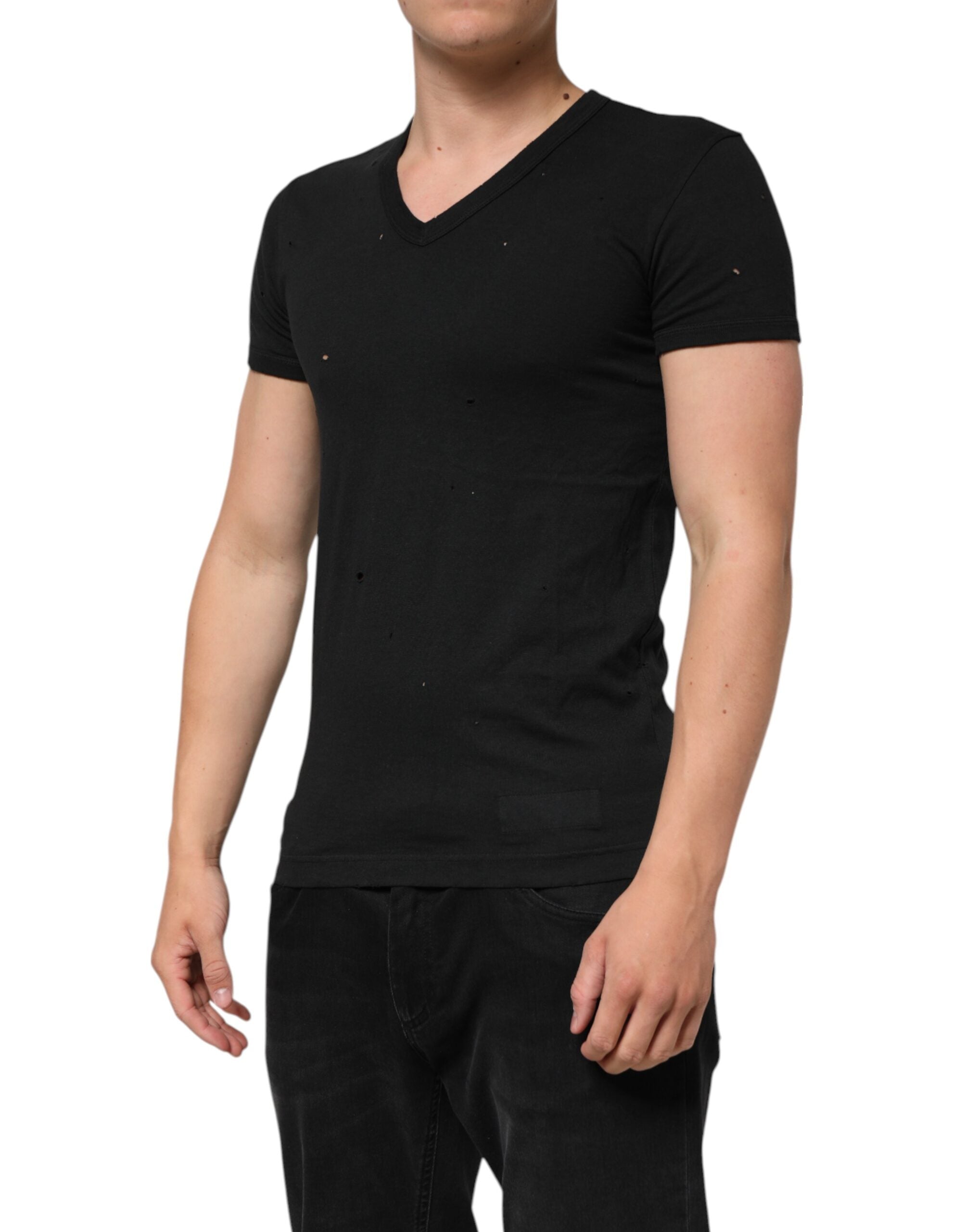 Dolce & Gabbana Schwarzes T-Shirt mit zerfetztem Logo aus Baumwolle mit V-Ausschnitt für Männer