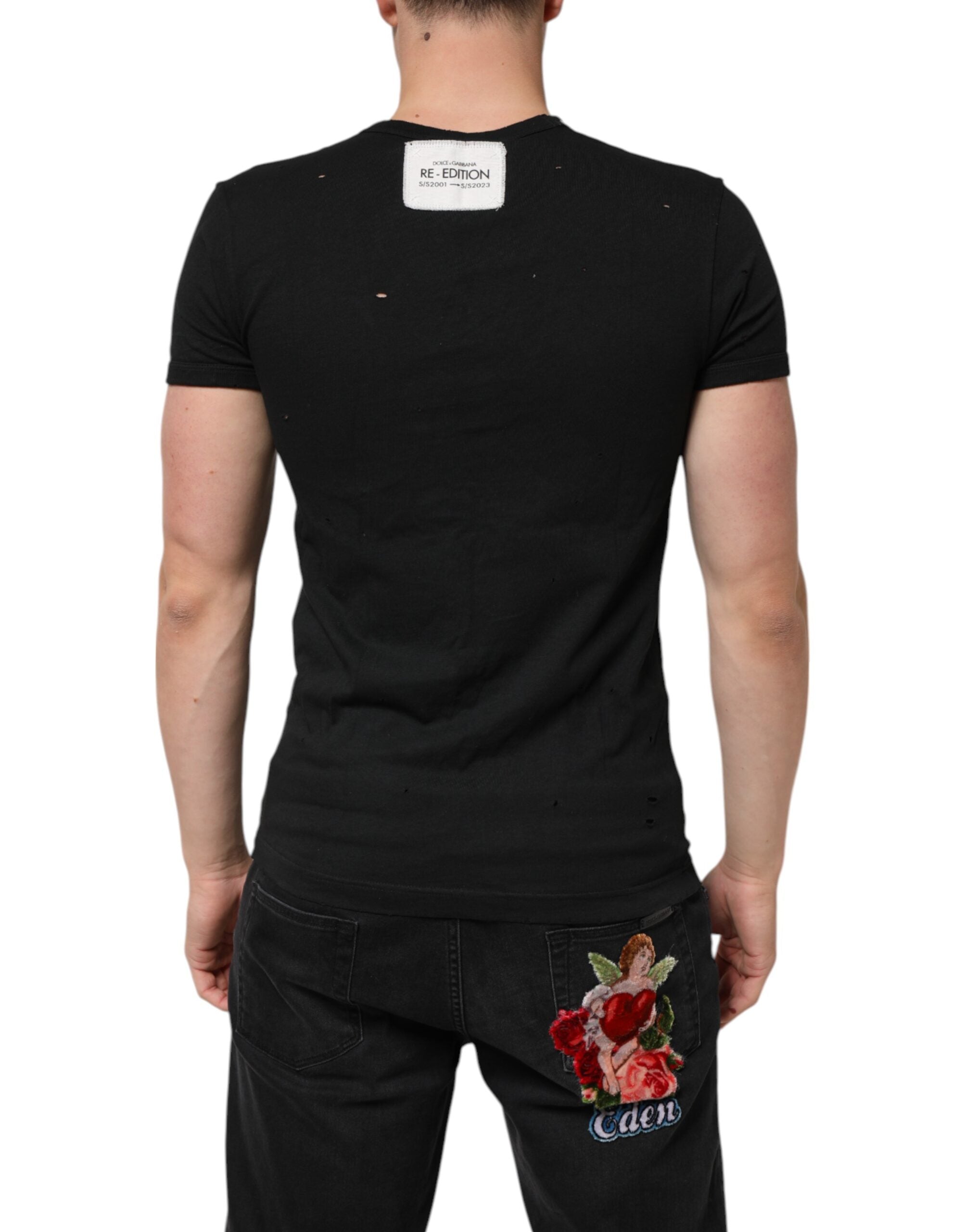 Dolce & Gabbana Schwarzes T-Shirt mit zerfetztem Logo aus Baumwolle mit V-Ausschnitt für Männer