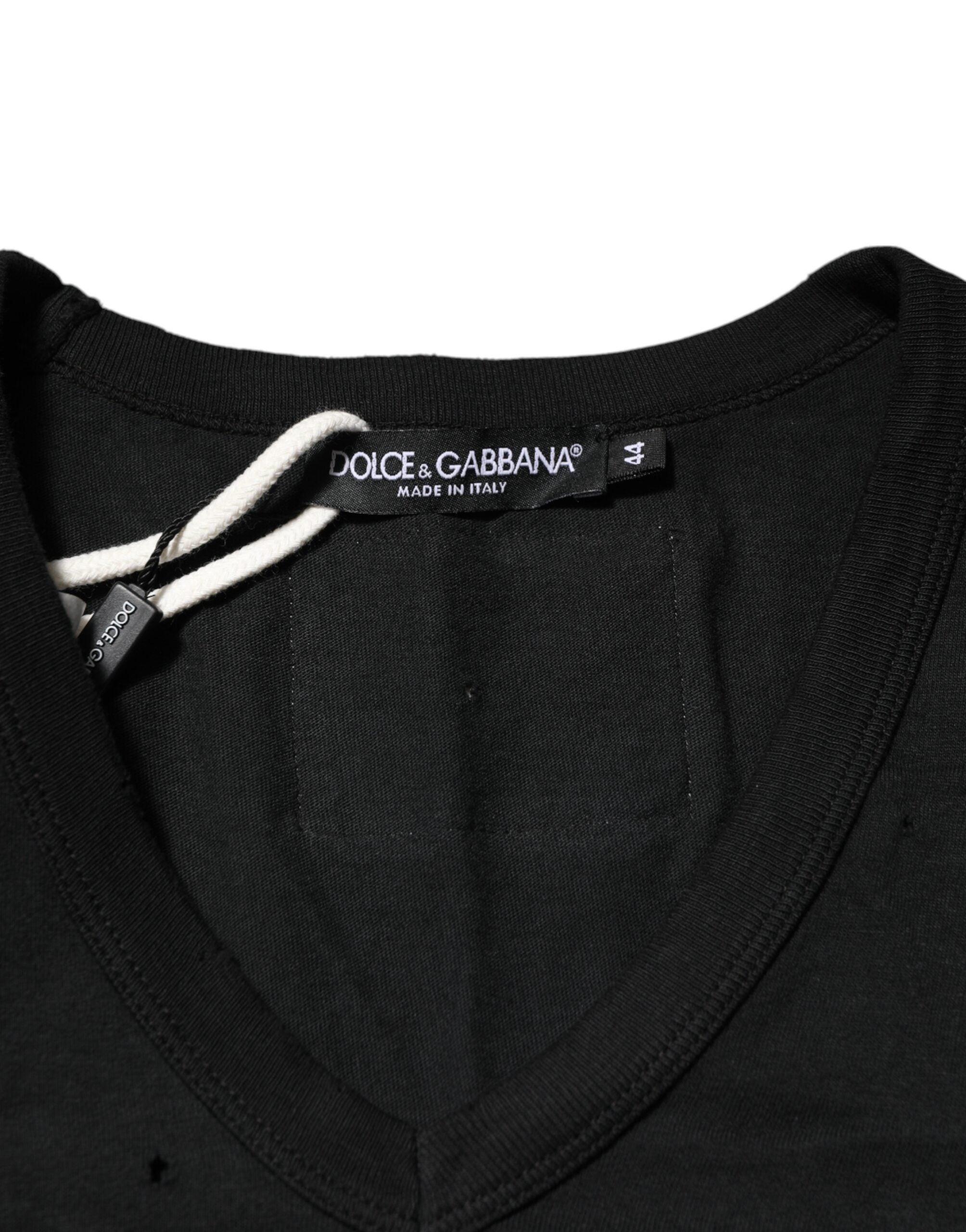 Dolce & Gabbana Schwarzes T-Shirt mit zerfetztem Logo aus Baumwolle mit V-Ausschnitt für Männer