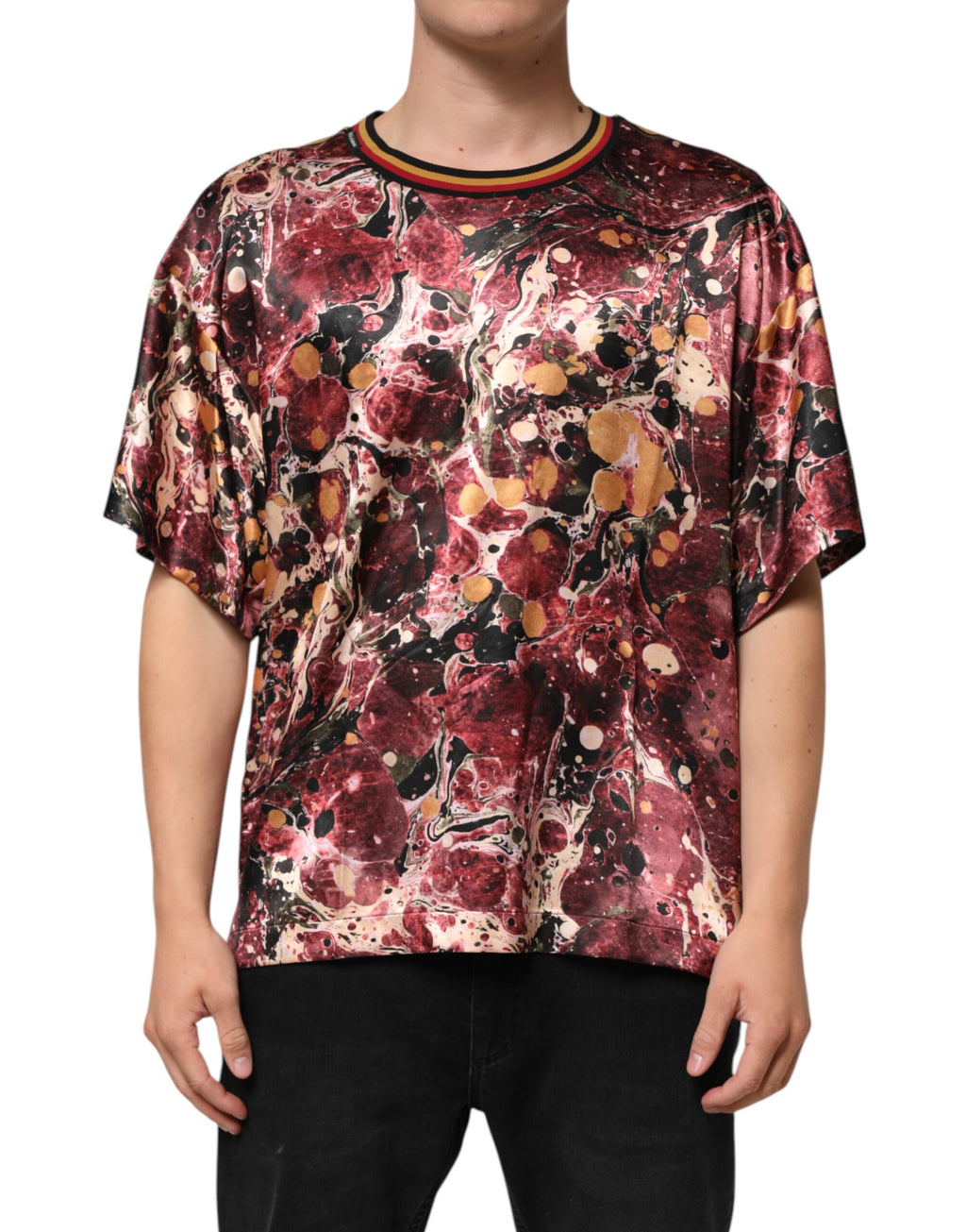 Dolce & Gabbana Mehrfarbiges Polyester-T-Shirt mit Marmordruck in Übergröße