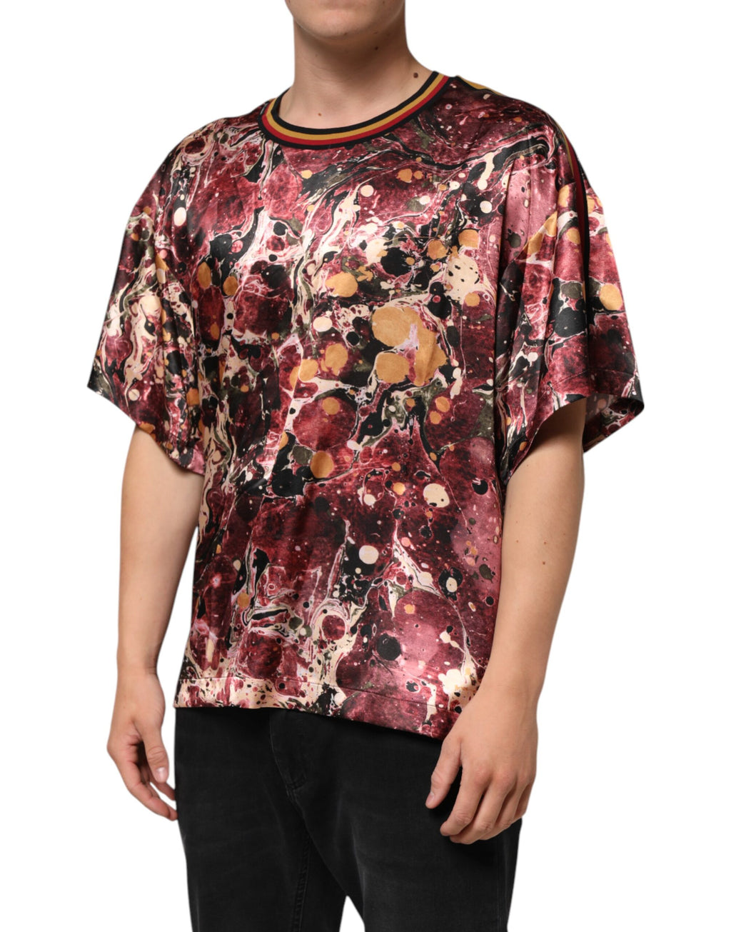 Dolce & Gabbana Mehrfarbiges Polyester-T-Shirt mit Marmordruck in Übergröße