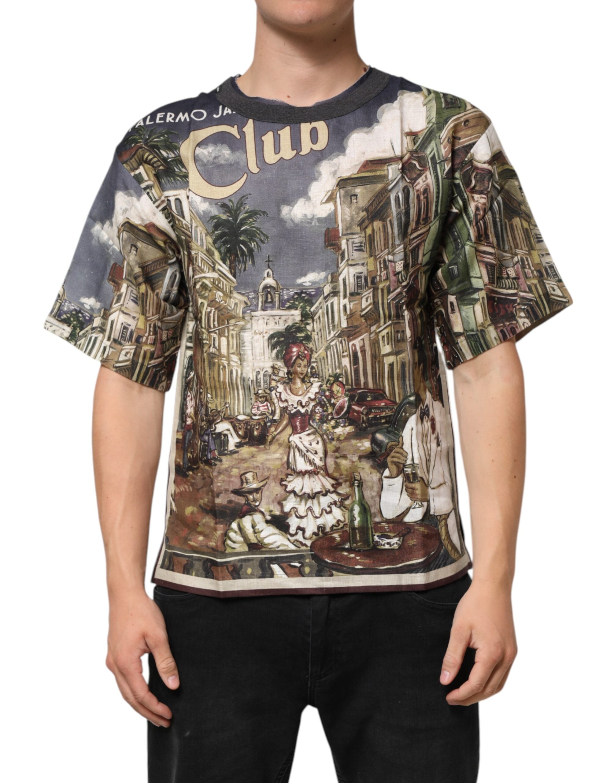 Dolce & Gabbana Palermo Jazz Club Leinen-T-Shirt mit Rundhalsausschnitt für Männer